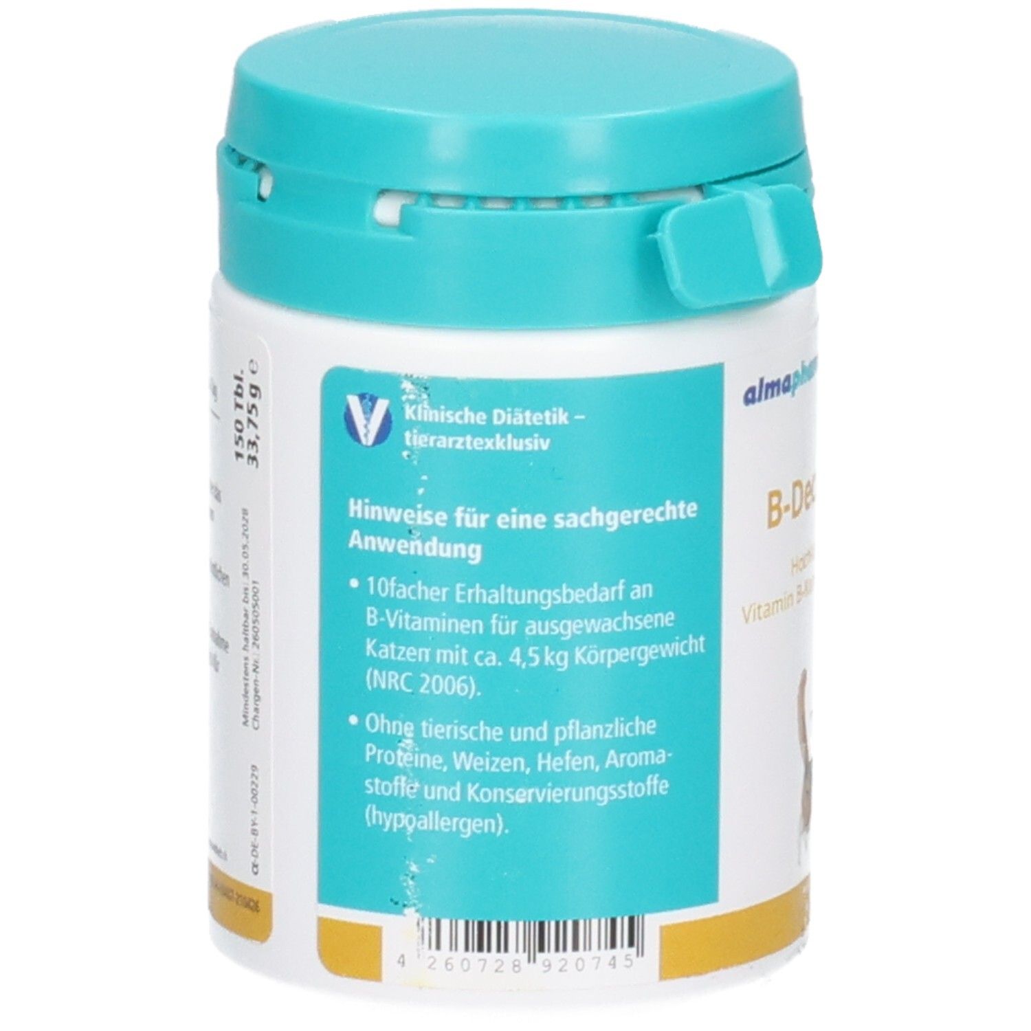 Almapharm B-Decaplex K, hochkonzentrierter Vitamin B-Komplex (hypoallergen) in einem weißen Behälter mit türkisfarbenem Deckel.