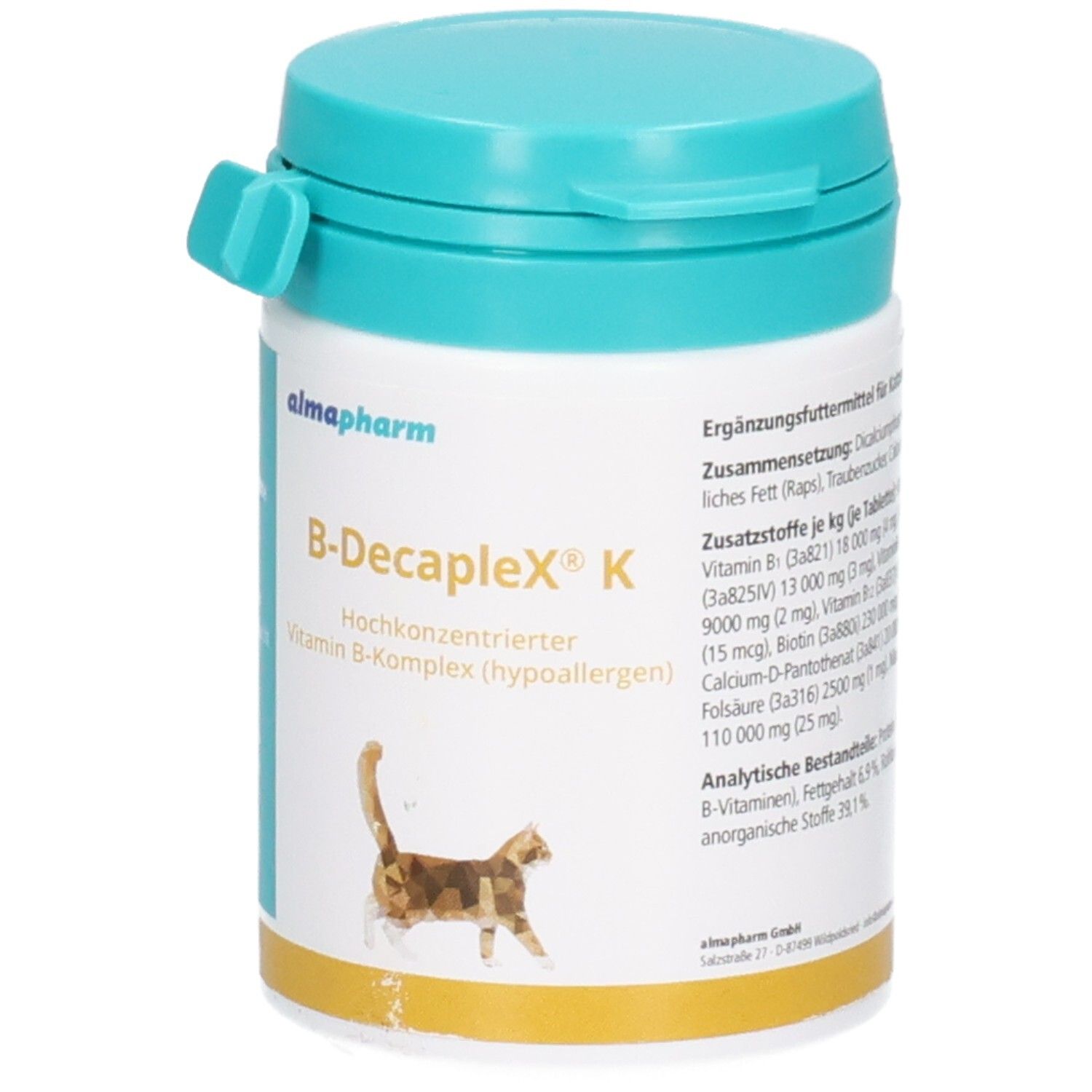 Almapharm B-Decaplex K, hochkonzentrierter Vitamin B-Komplex (hypoallergen) in einem weißen Behälter mit türkisfarbenem Deckel.