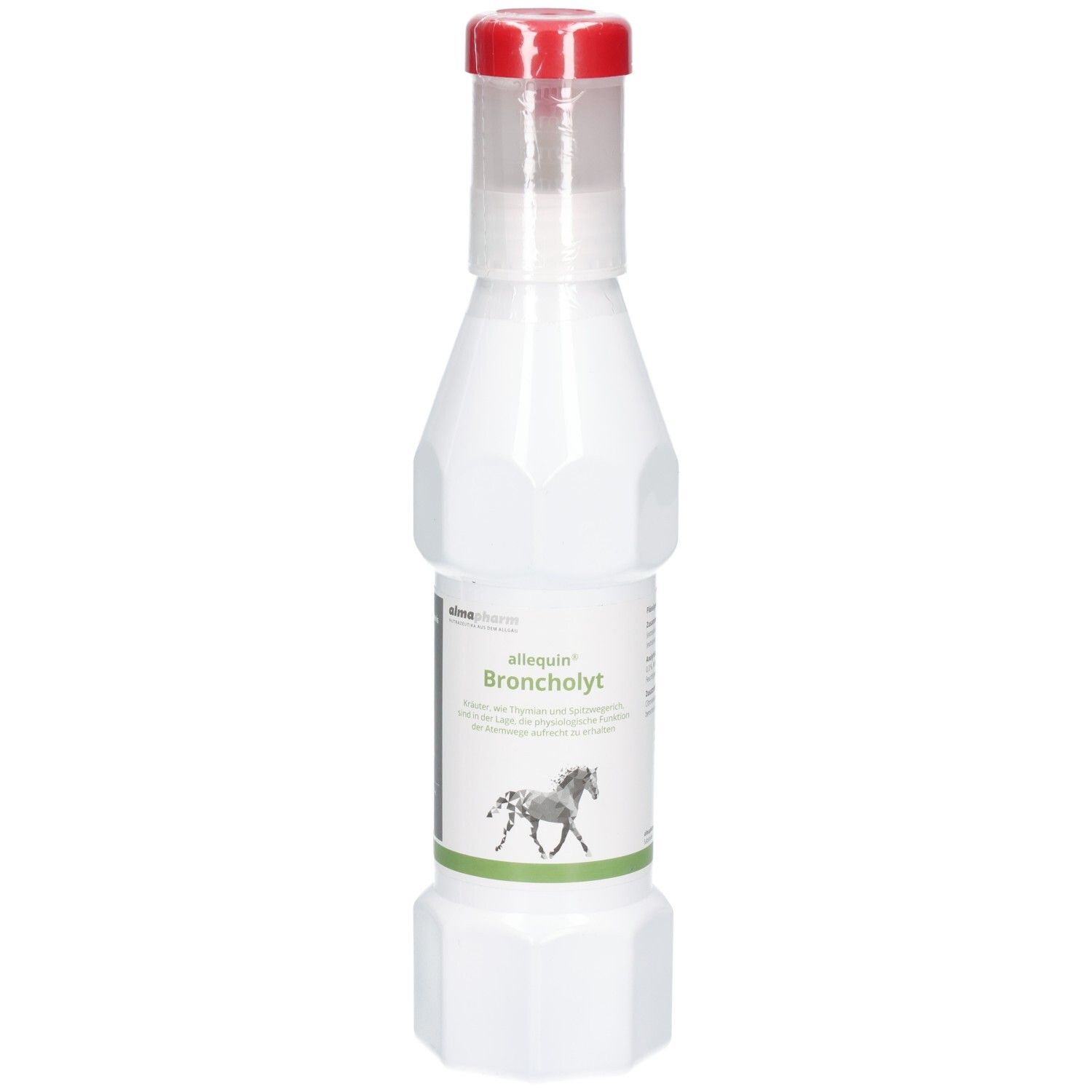 Flasche mit rotem Verschluss, enthält "allequin Broncholyt".