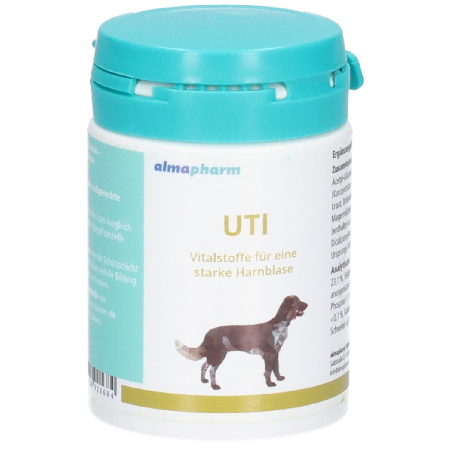 Almapharm UTI: Vitalstoffe für eine starke Harnblase bei Hunden. Weißer Behälter mit türkisfarbenem Deckel.