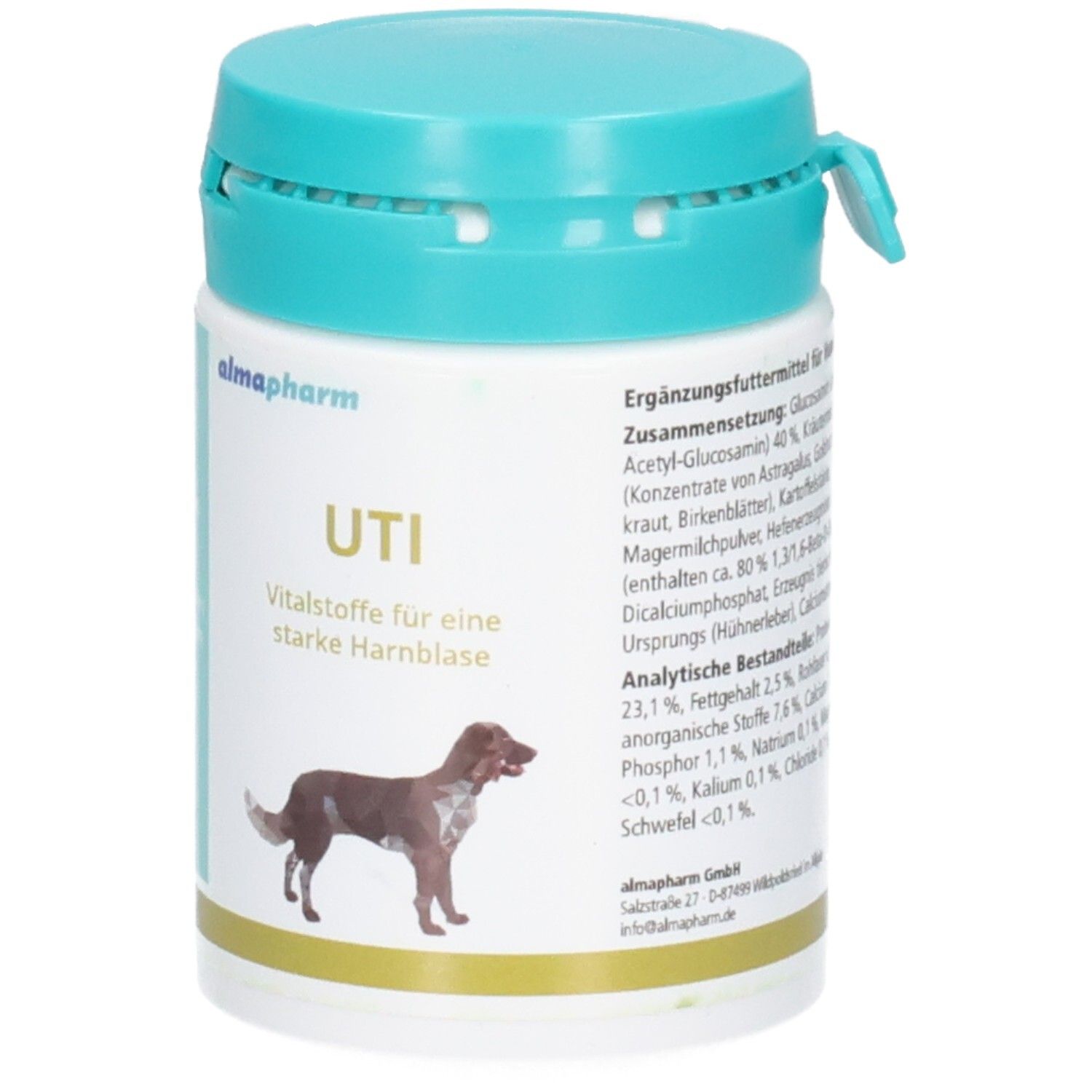 Almapharm UTI: Ergänzungsfuttermittel für Hunde. Zusammensetzung mit Glucosamin und Kräutern.