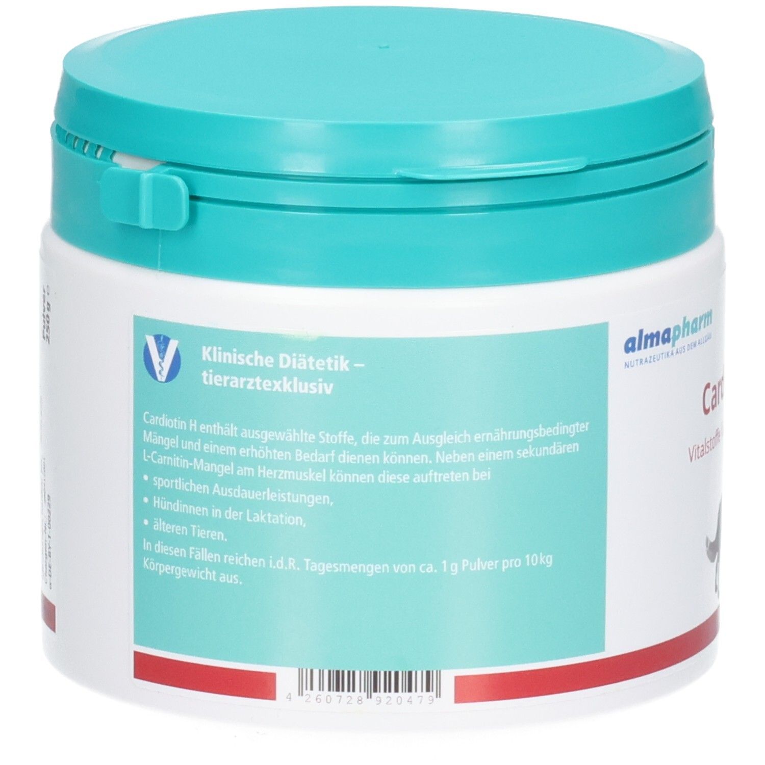 Rückseite Almapharm Cardiotin H Dose. Klinische Diätetik - tierarztexklusiv.
