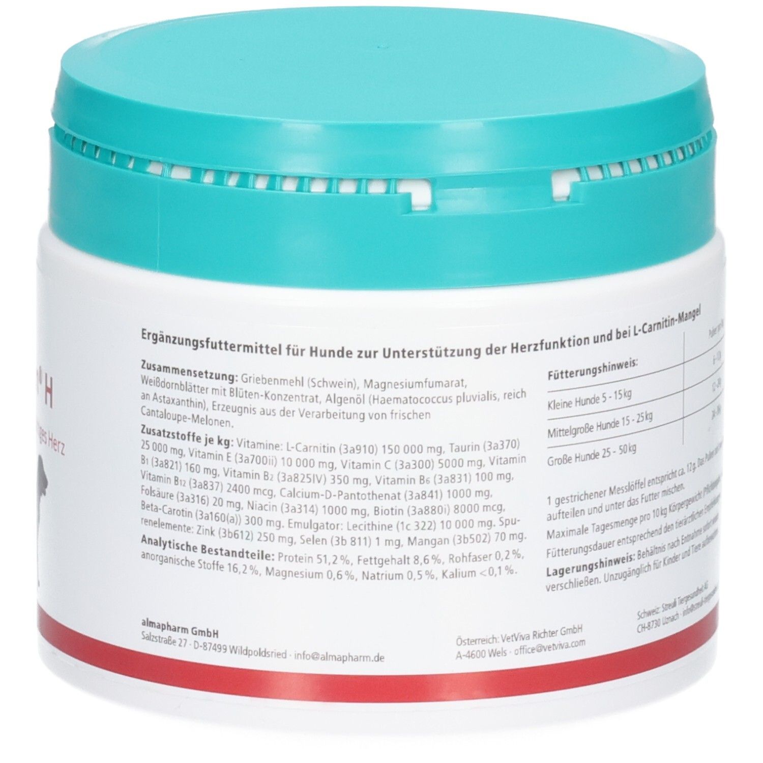 Rückseite Almapharm Cardiotin H Dose. Ergänzungsfuttermittel zur Unterstützung.