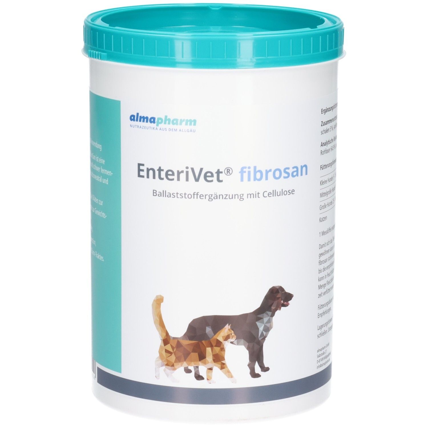 Almapharm EnteriVet fibrosan: Ballaststoffergänzung mit Cellulose für Hunde und Katzen. Weißer Behälter mit türkisfarbenem Deckel.