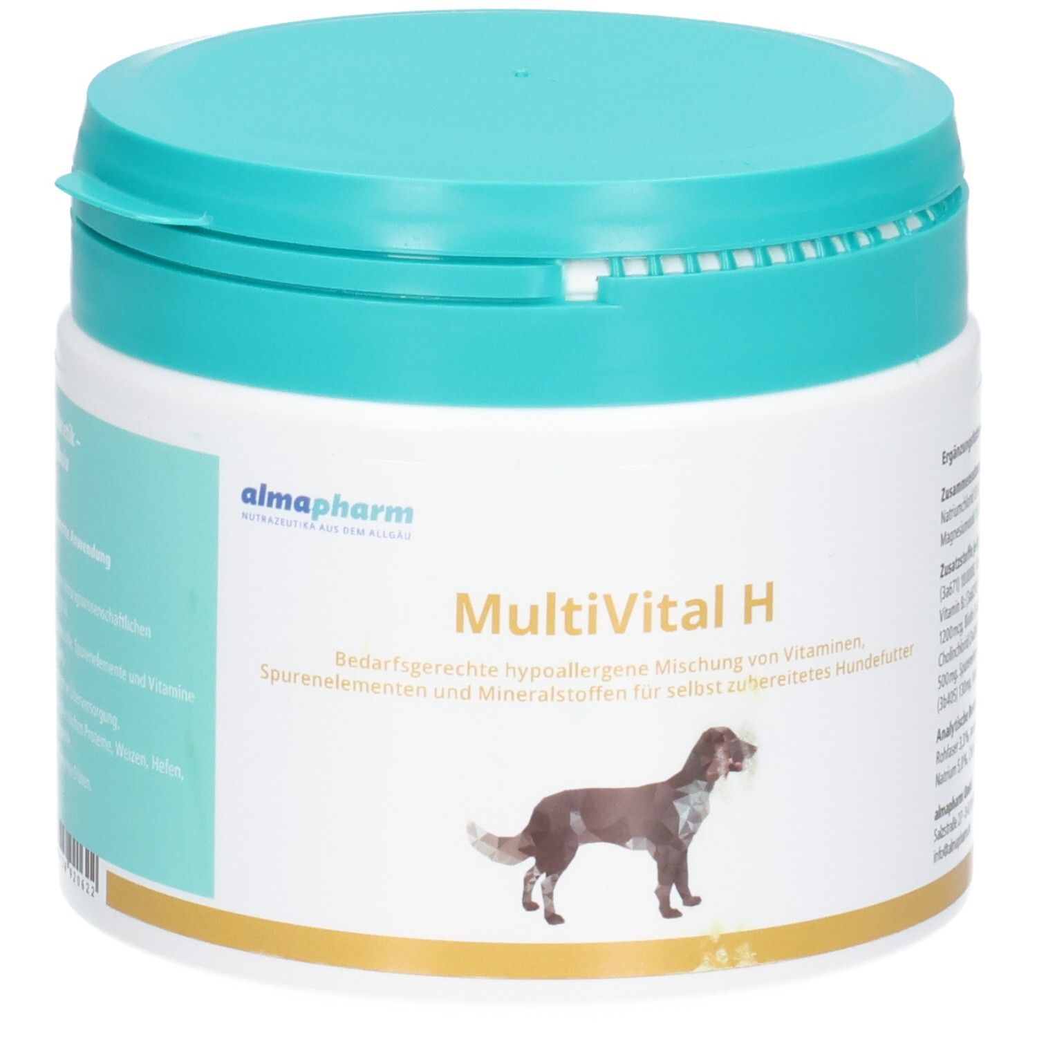 almapharm MultiVital H Dose mit türkisfarbenem Deckel, Vorderansicht. Enthält eine hypoallergene Mischung aus Vitaminen, Spurenelementen und Mineralstoffen für Hunde.