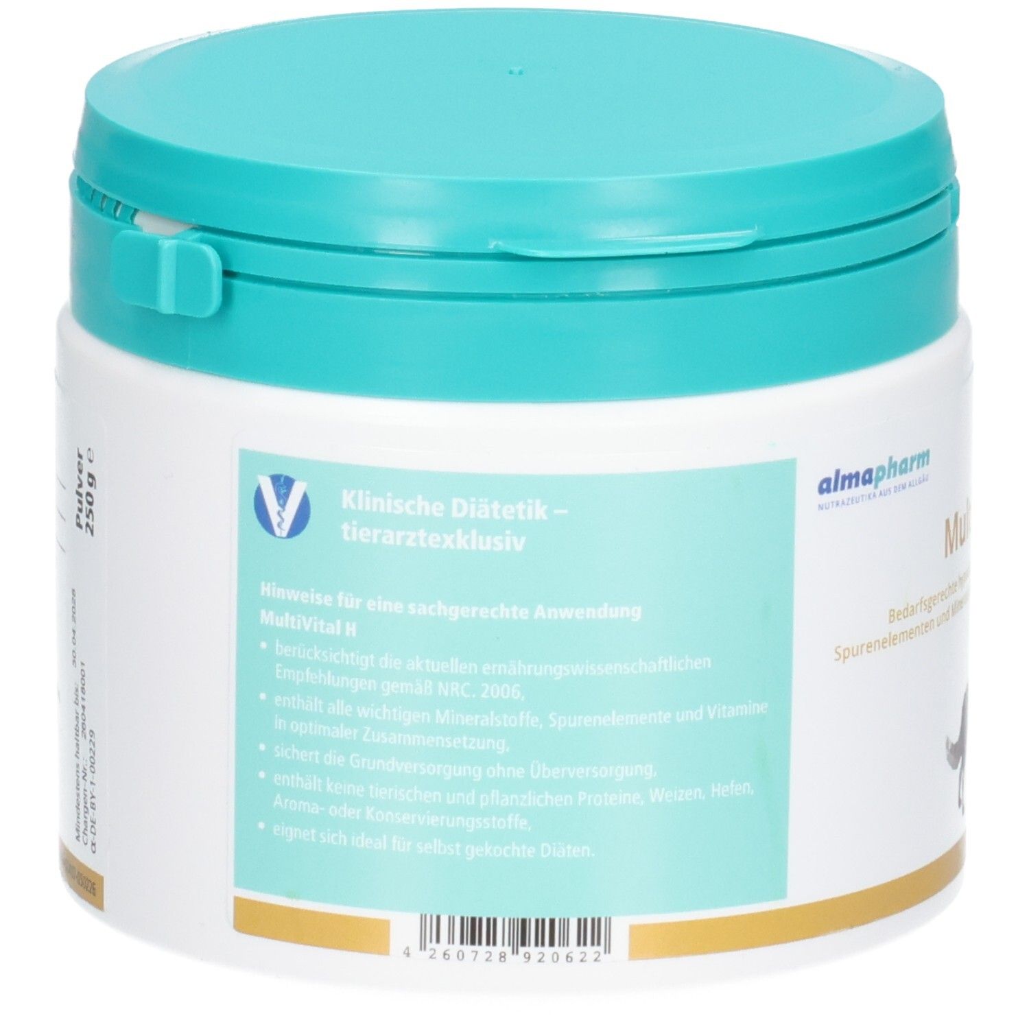 Rückansicht der almapharm MultiVital H Dose. Enthält klinische Diätetik, tierärztlich exklusiv. Informationen zur Anwendung und Zusammensetzung.