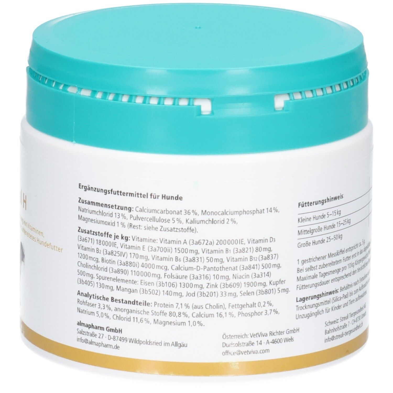 Seitenansicht der almapharm MultiVital H Dose. Enthält Ergänzungsfuttermittel für Hunde, Zusammensetzung und Zusatzstoffe.