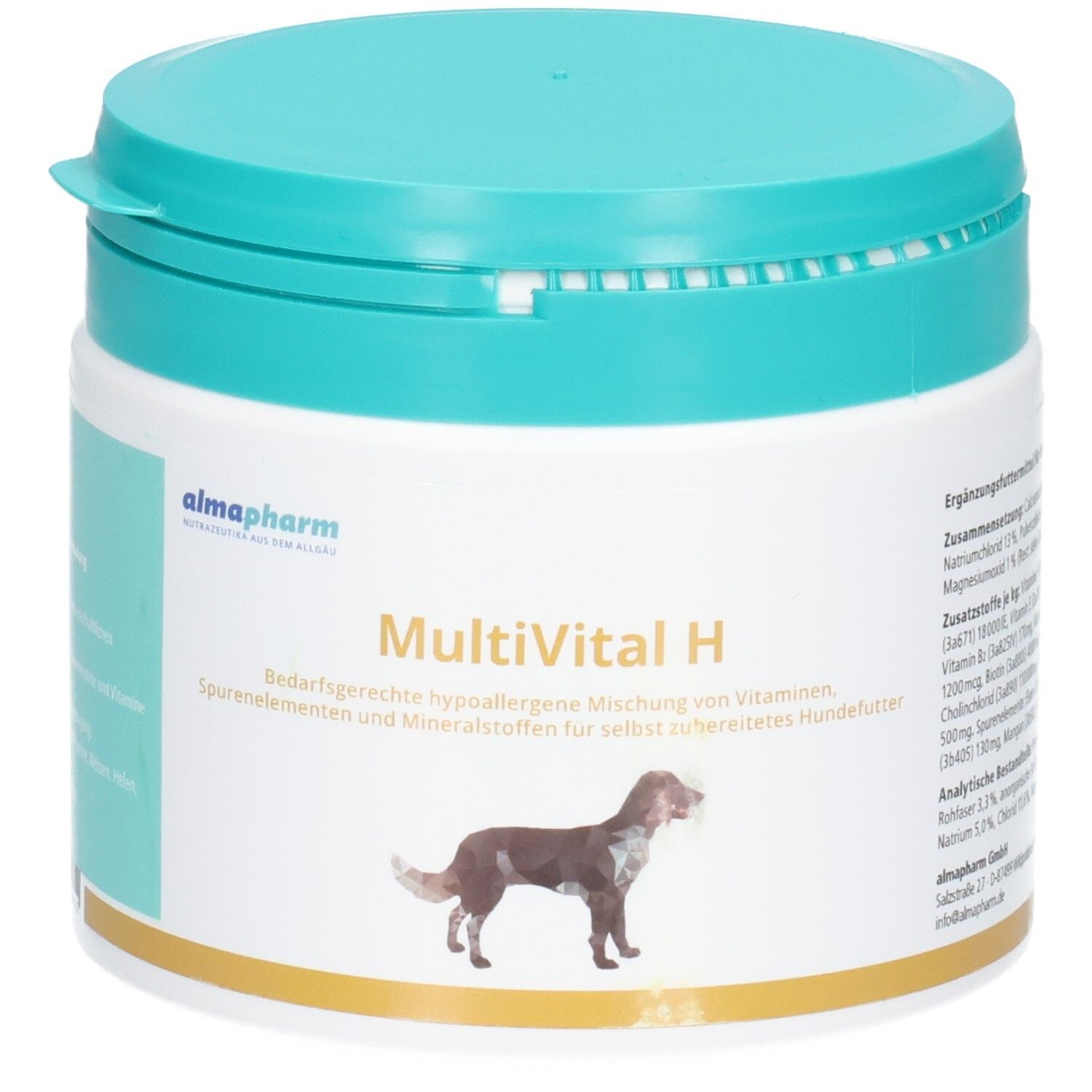 Vorderansicht der almapharm MultiVital H Dose. Enthält eine hypoallergene Mischung aus Vitaminen, Spurenelementen und Mineralstoffen für Hunde.