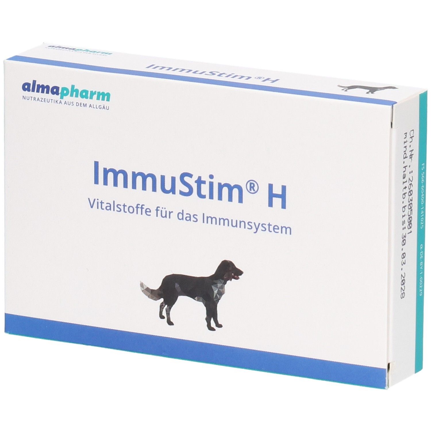 Almapharm Immustim H, Vitalstoffe für das Immunsystem, auf der Verpackung ist ein Hund abgebildet.