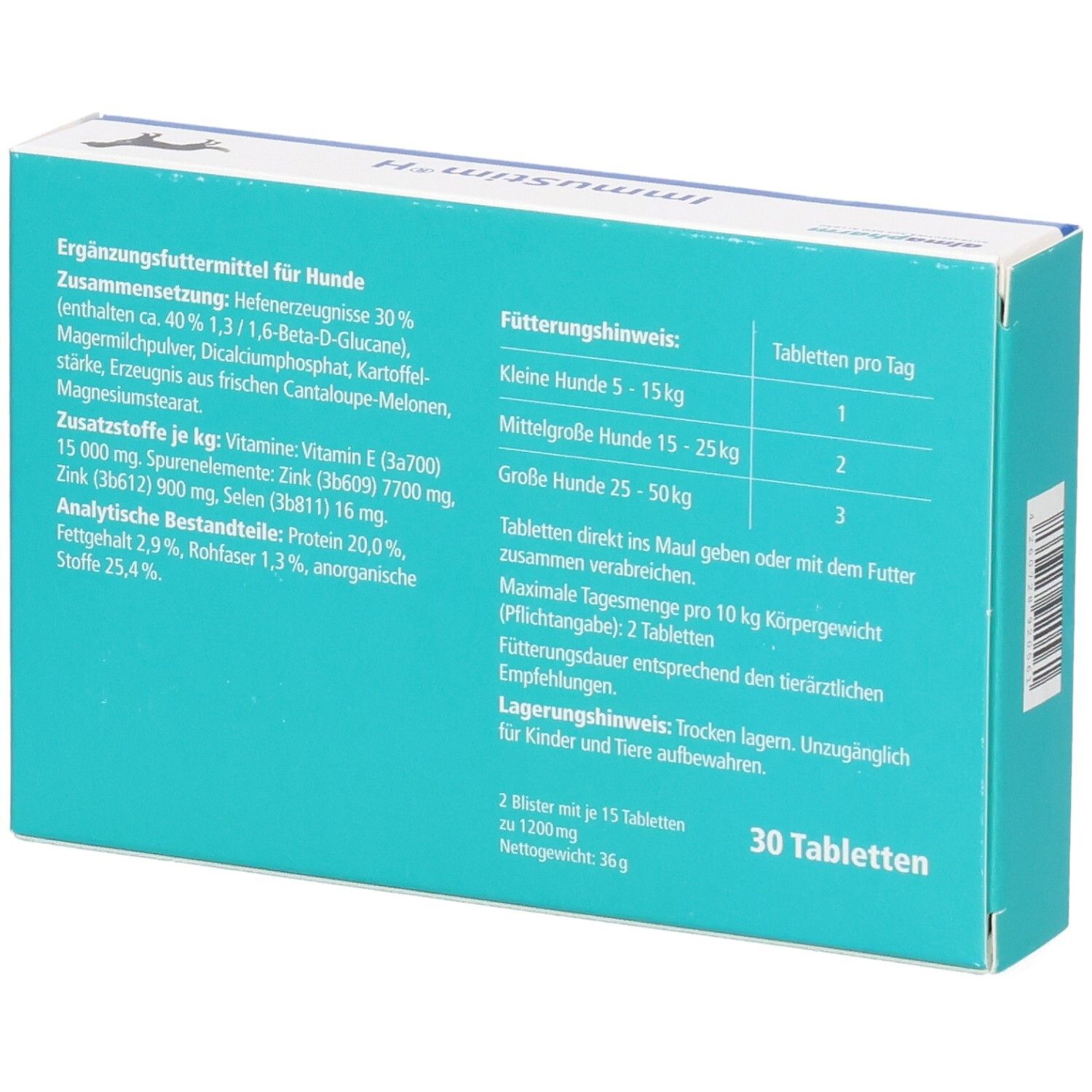 Almapharm Immustim H, Vitalstoffe für das Immunsystem, auf der Verpackung ist ein Hund abgebildet.