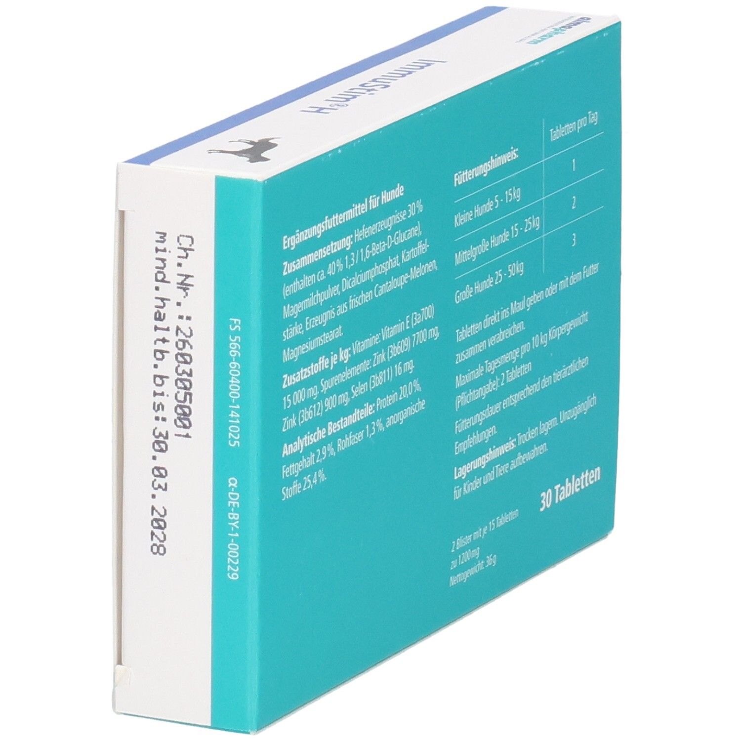 Packung ImmuStim H Vitalstoffe für das Immunsystem mit Hundebild.
