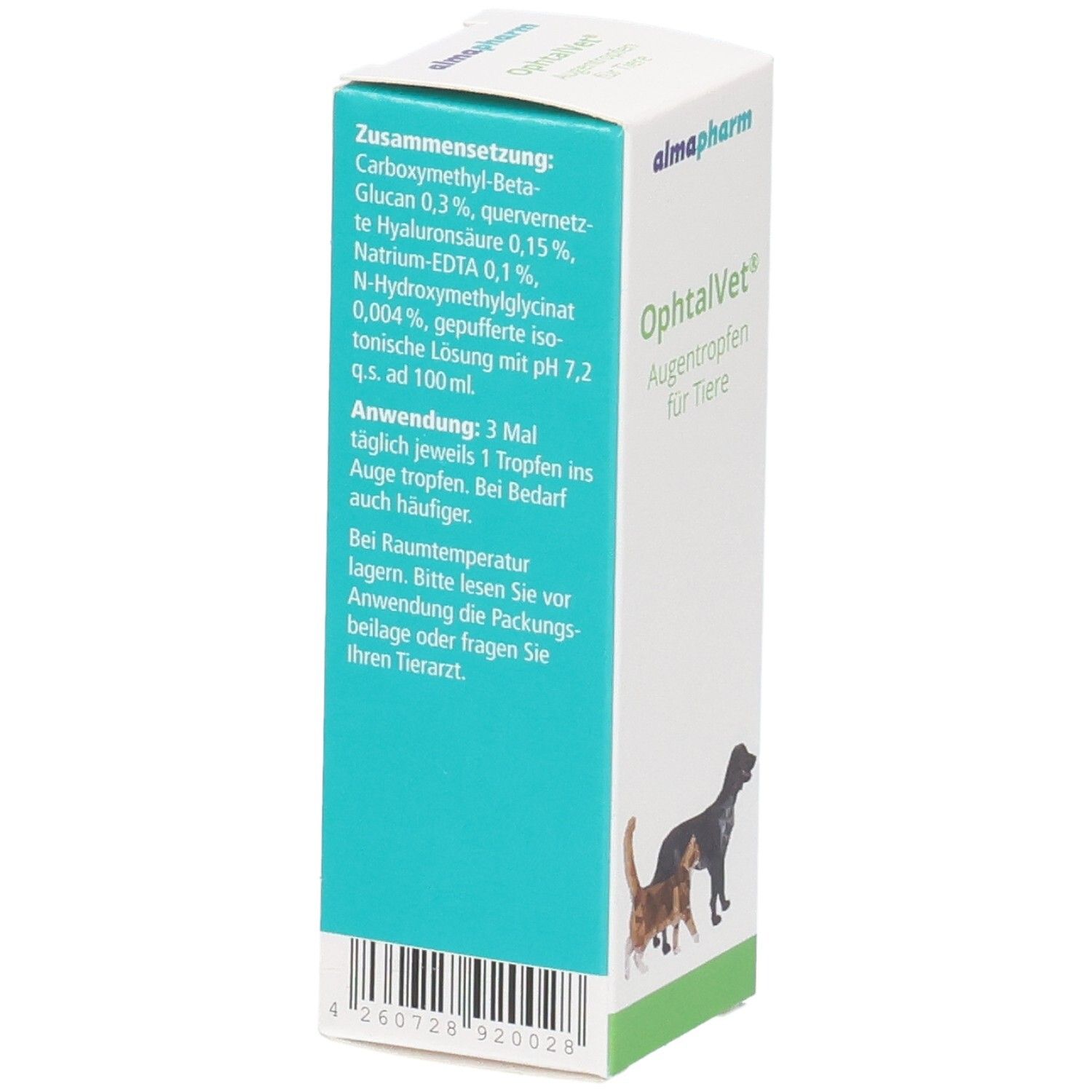 Almapharm OphtalVet Augentropfen für Tiere Verpackung mit Zusammensetzung und Anwendungshinweisen.