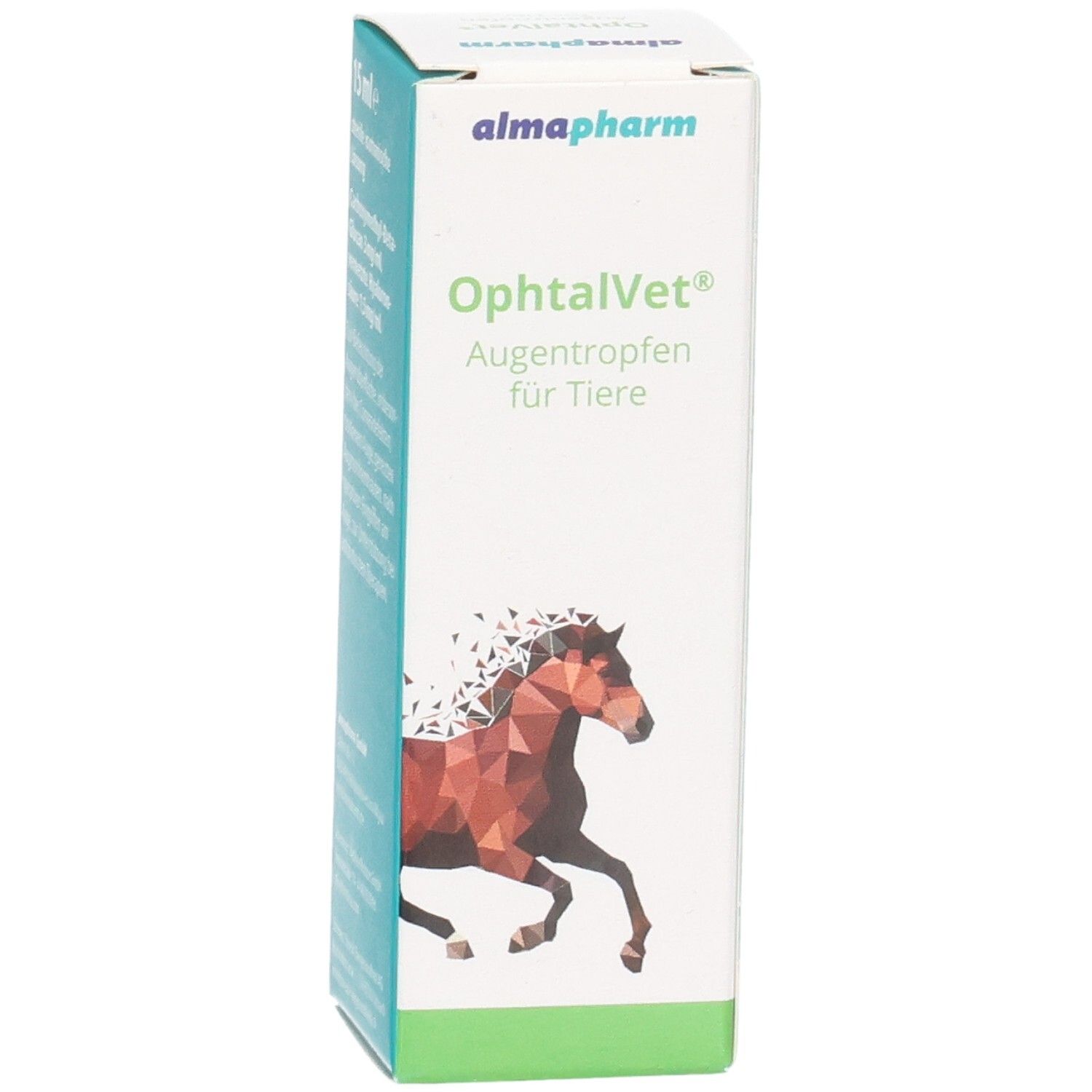 Almapharm OphtalVet Augentropfen für Tiere Verpackung mit Pferdeabbildung, 15 ml.