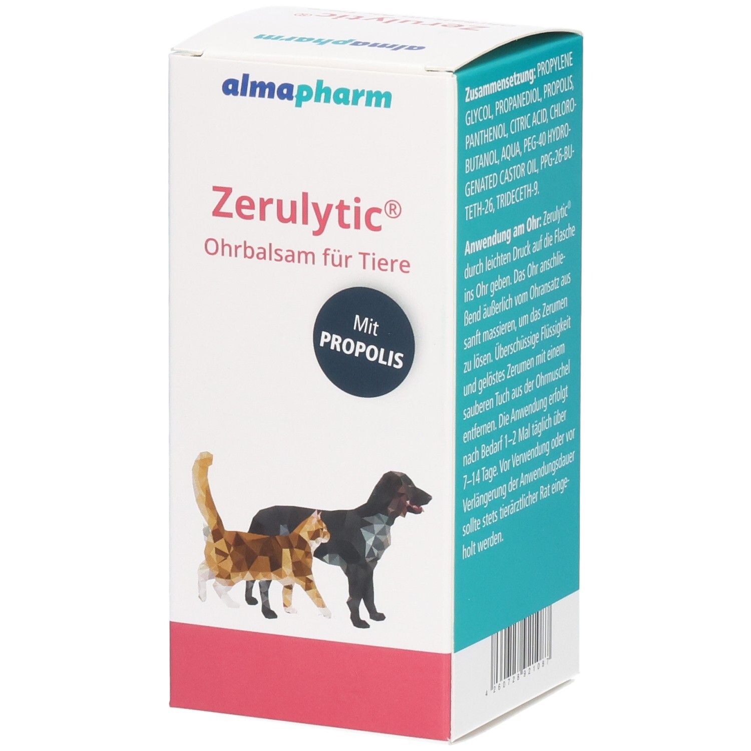 Zerulyctic Ohrbalsam für Tiere mit Propolis. Packung zeigt Katze und Hund.