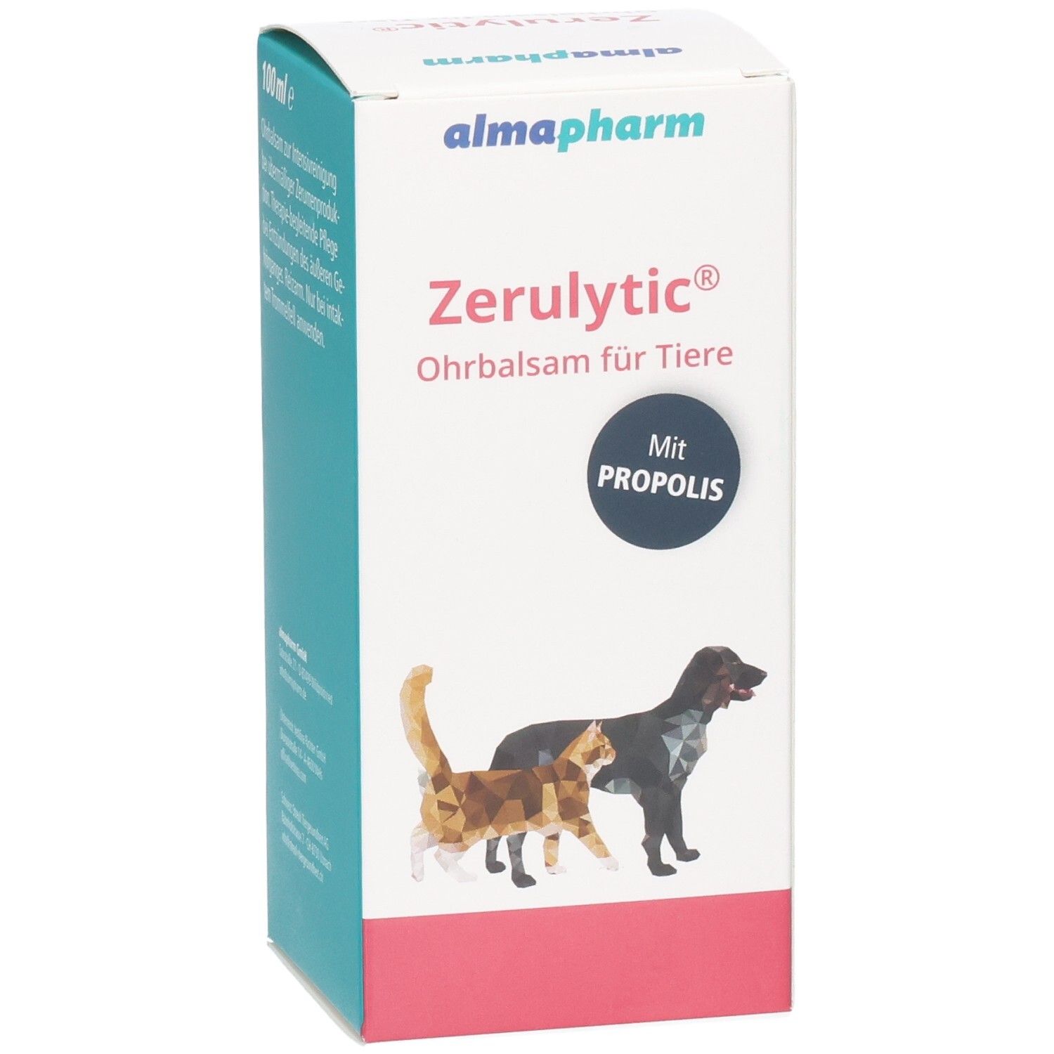 Zerulytic Ohrbalsam für Tiere, 100ml, mit Propolis. Packung zeigt Katze und Hund.