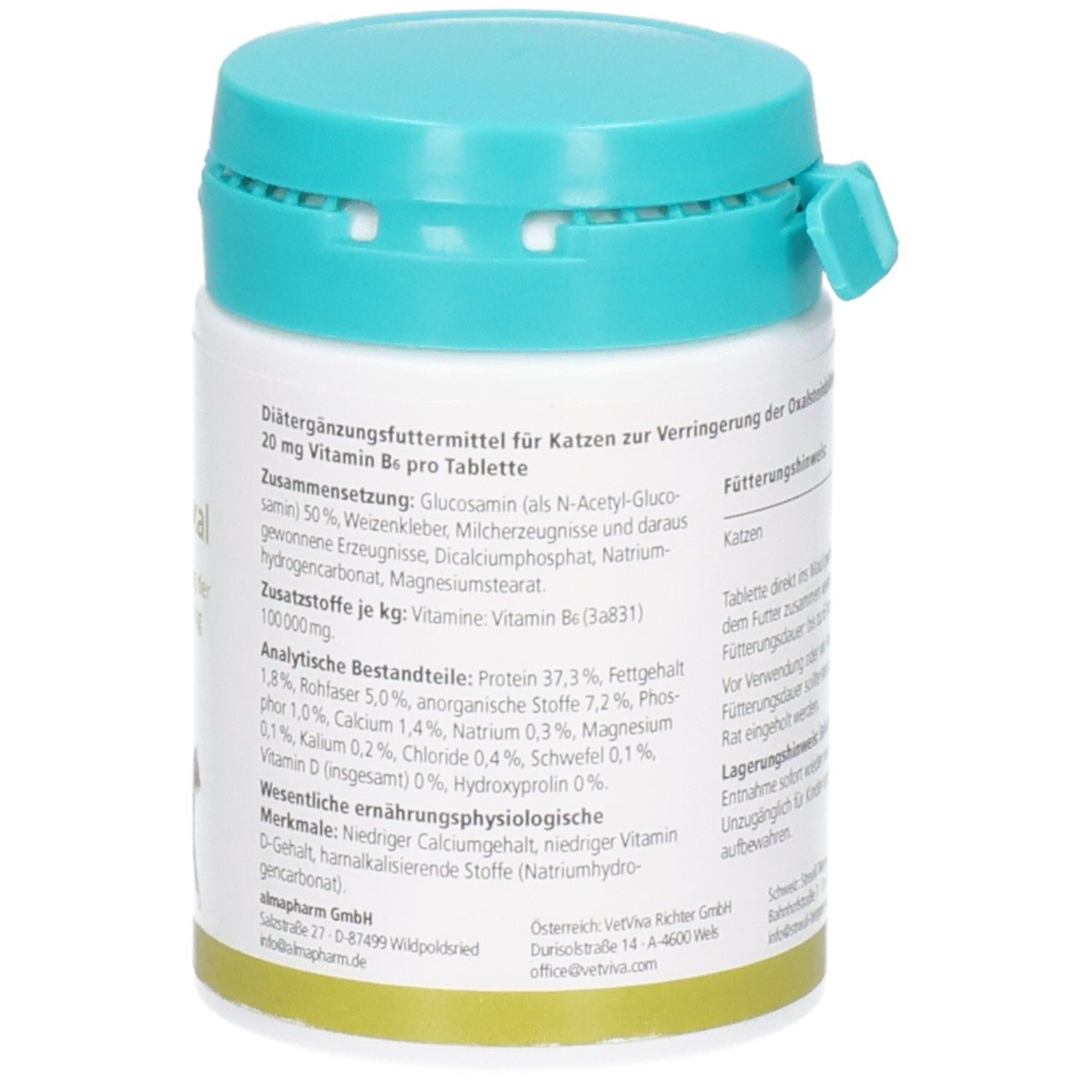 Weiße Dose mit türkisfarbenem Deckel, enthält Katzen-Ergänzungsfutter mit Vitamin B6.