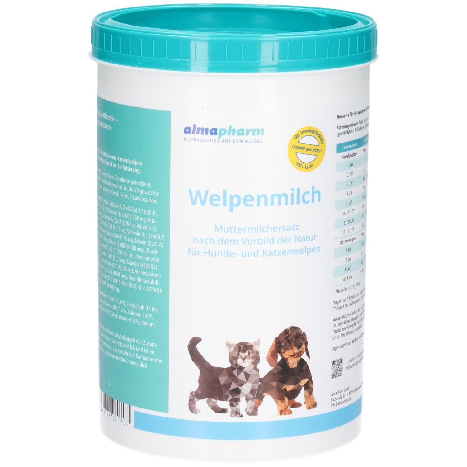 Almapharm Welpenmilch: Pulverbehälter mit Deckel, zeigt Kätzchen und Welpen. Enthält Nährwertangaben und Produktinformationen.