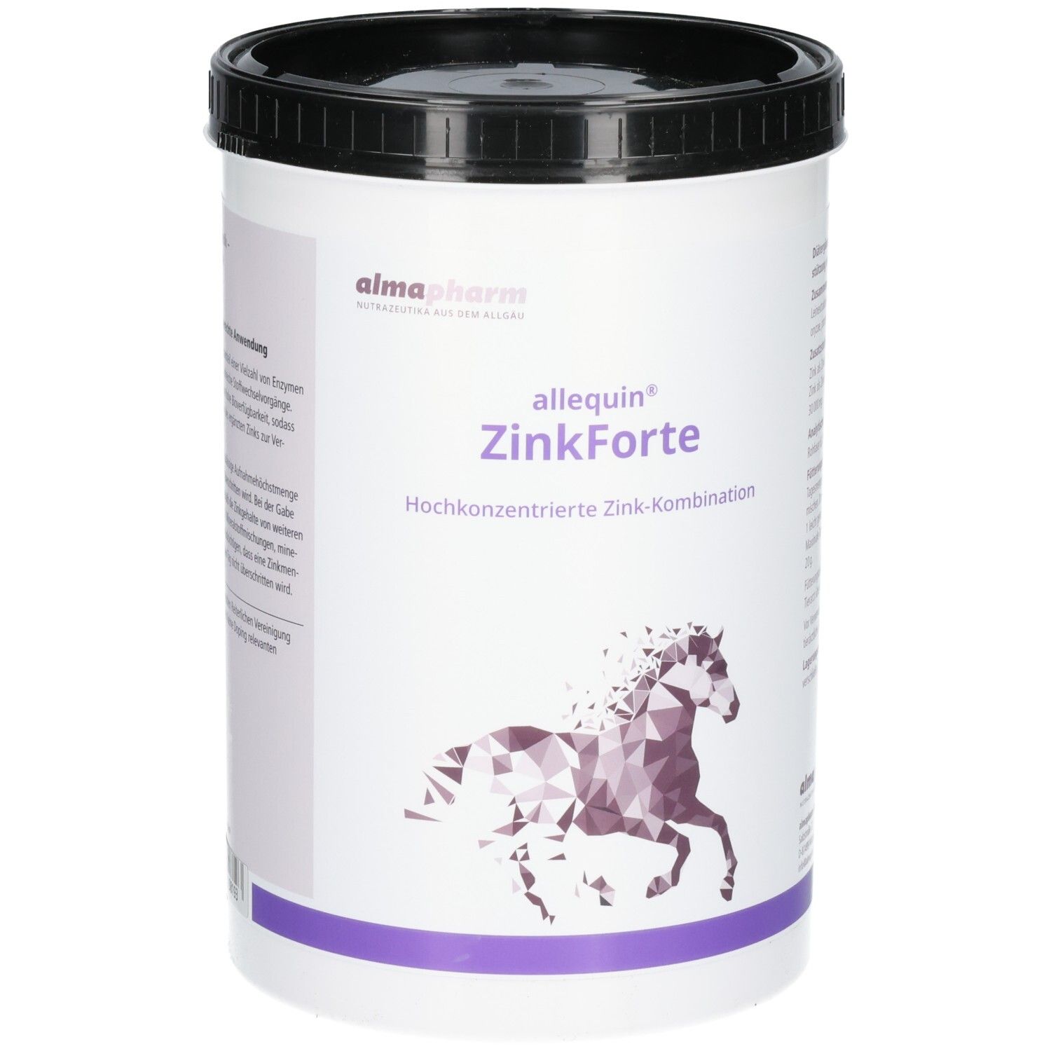 Almapharm ZinkForte Hochkonzentrierte Zink-Kombination in einem weißen Behälter mit schwarzem Deckel. Abgebildet ist ein stilisiertes Pferd.