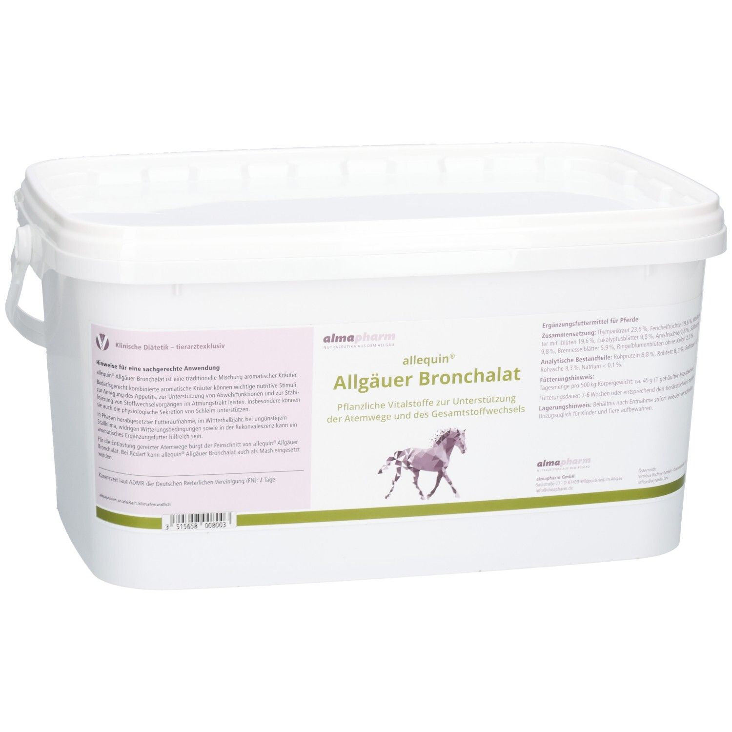 Weißer Kunststoffbehälter mit Etikett für 'alquin® Allgäuer Bronchialat', 3kg.