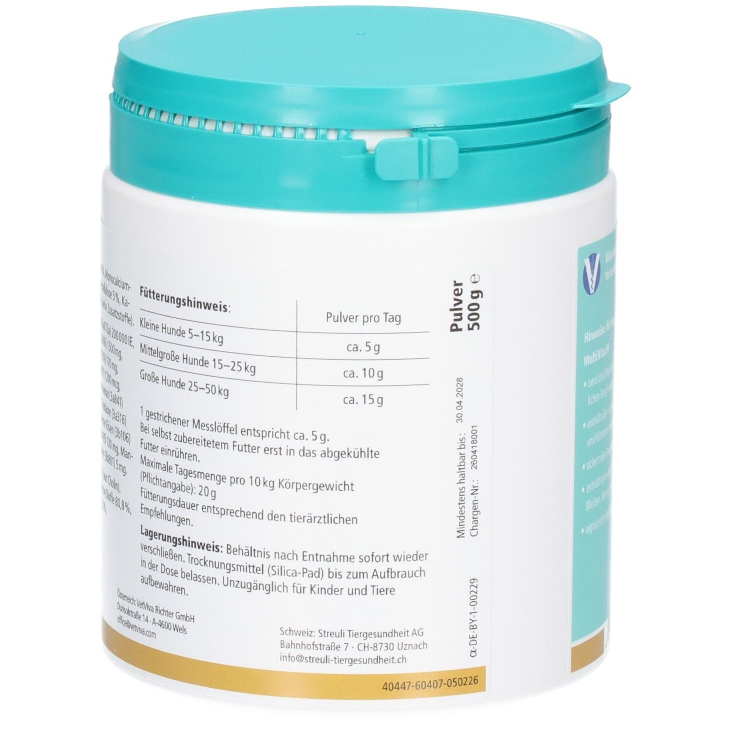 Almapharm MultiVital H: Fütterungshinweis und Lagerungshinweis für 500g Pulver.