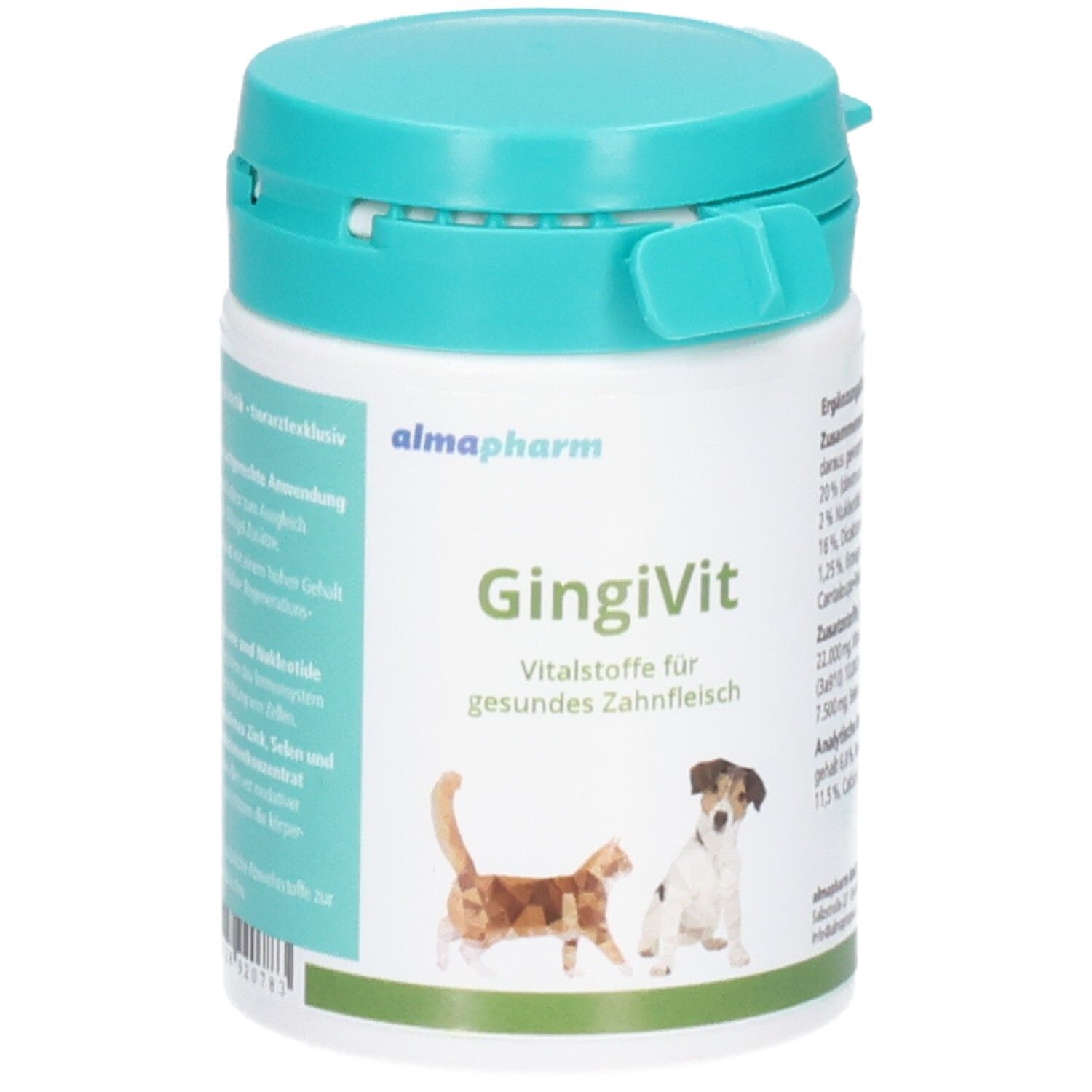 Almapharm Gingivit Behälter mit Aufdruck, Vitalstoffe für gesundes Zahnfleisch, mit Abbildungen von Katze und Hund.