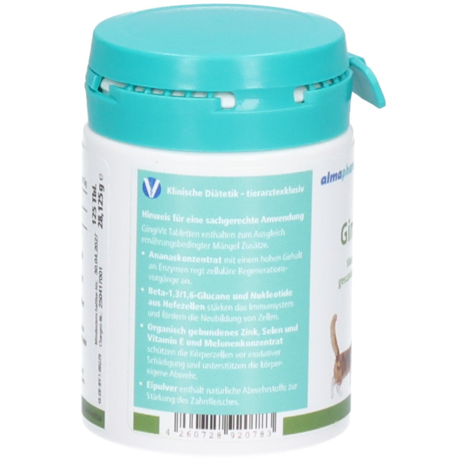 Weißer Behälter mit türkisfarbenem Deckel, 125 Tabletten, 125g. Enthält Informationen zu Inhaltsstoffen und Anwendung.
