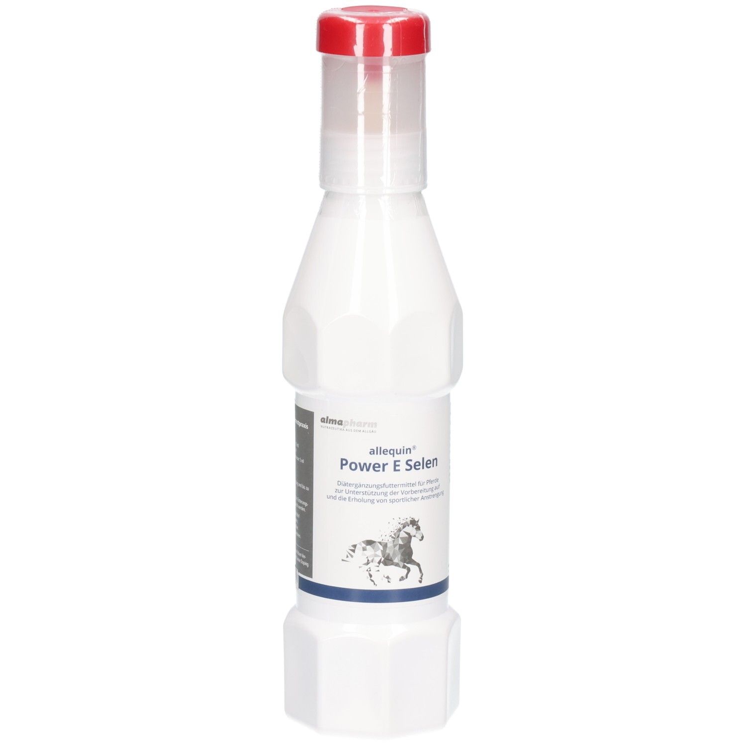 Weiße Flasche mit rotem und klarem Verschluss, Etikett mit "allequin Power E Selen".