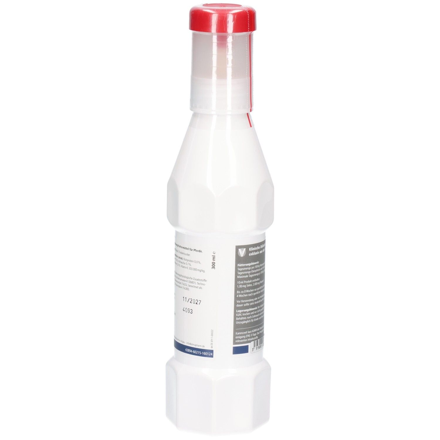 Weiße Flasche mit rotem Verschluss, 250 ml.