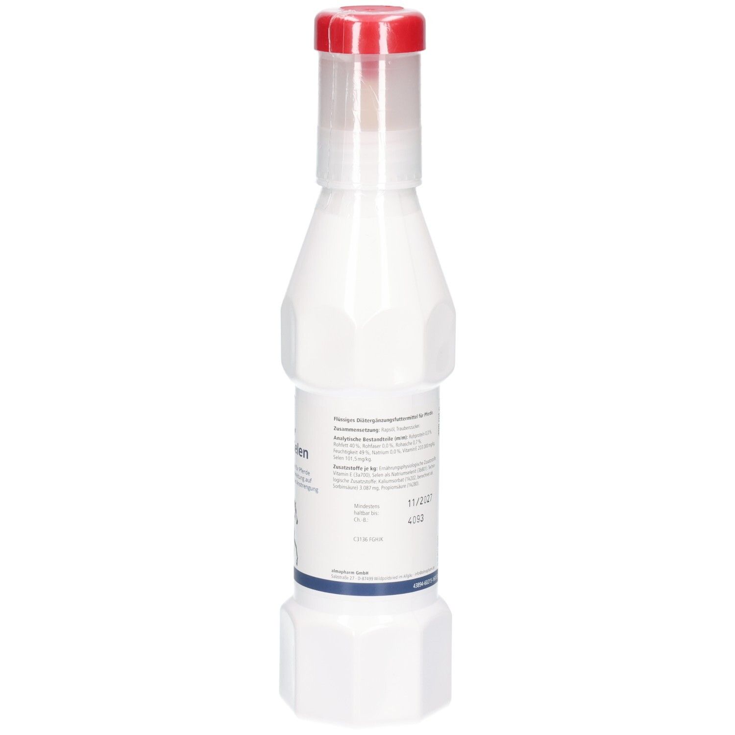 Weiße Kunststoffflasche mit rotem Verschluss, mit Etikett und Informationen.