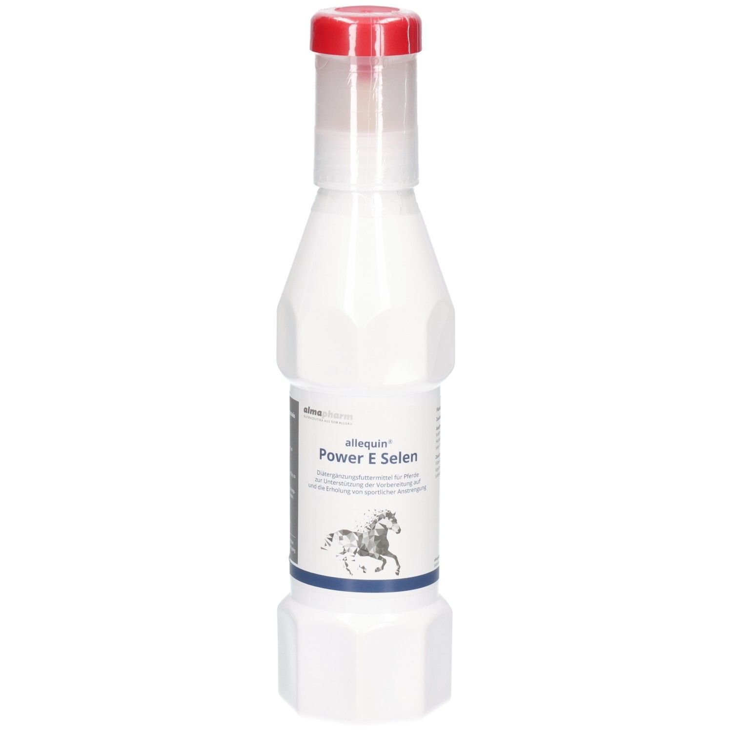 Flasche mit weißem Pulver und rotem Deckel, Etikett mit Pferd und Text 'Power E Selen'.