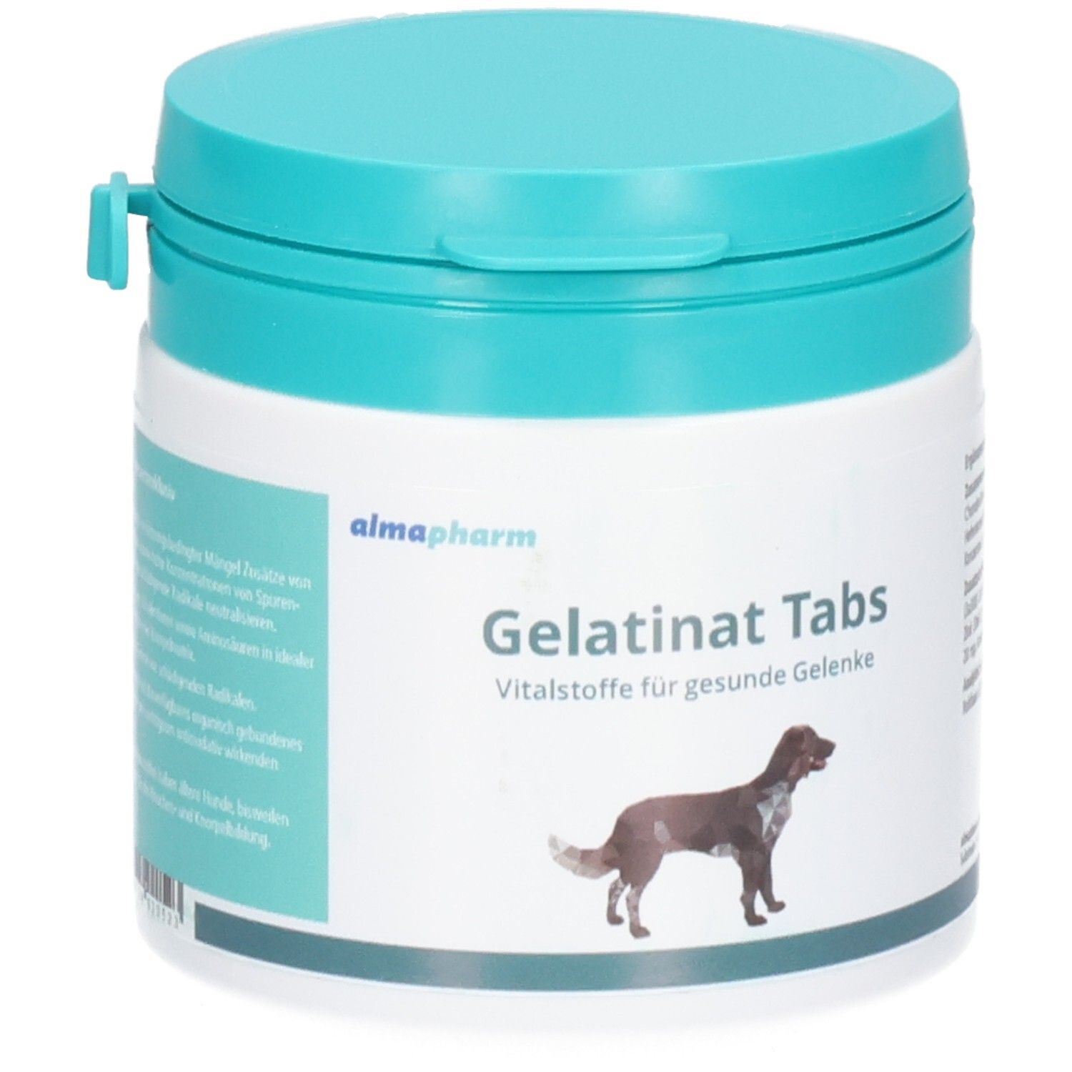 Almapharm Gelatinat Tabs Behälter mit türkisfarbenem Deckel. Enthält Vitalstoffe für gesunde Gelenke. Abgebildet ist ein Hund.