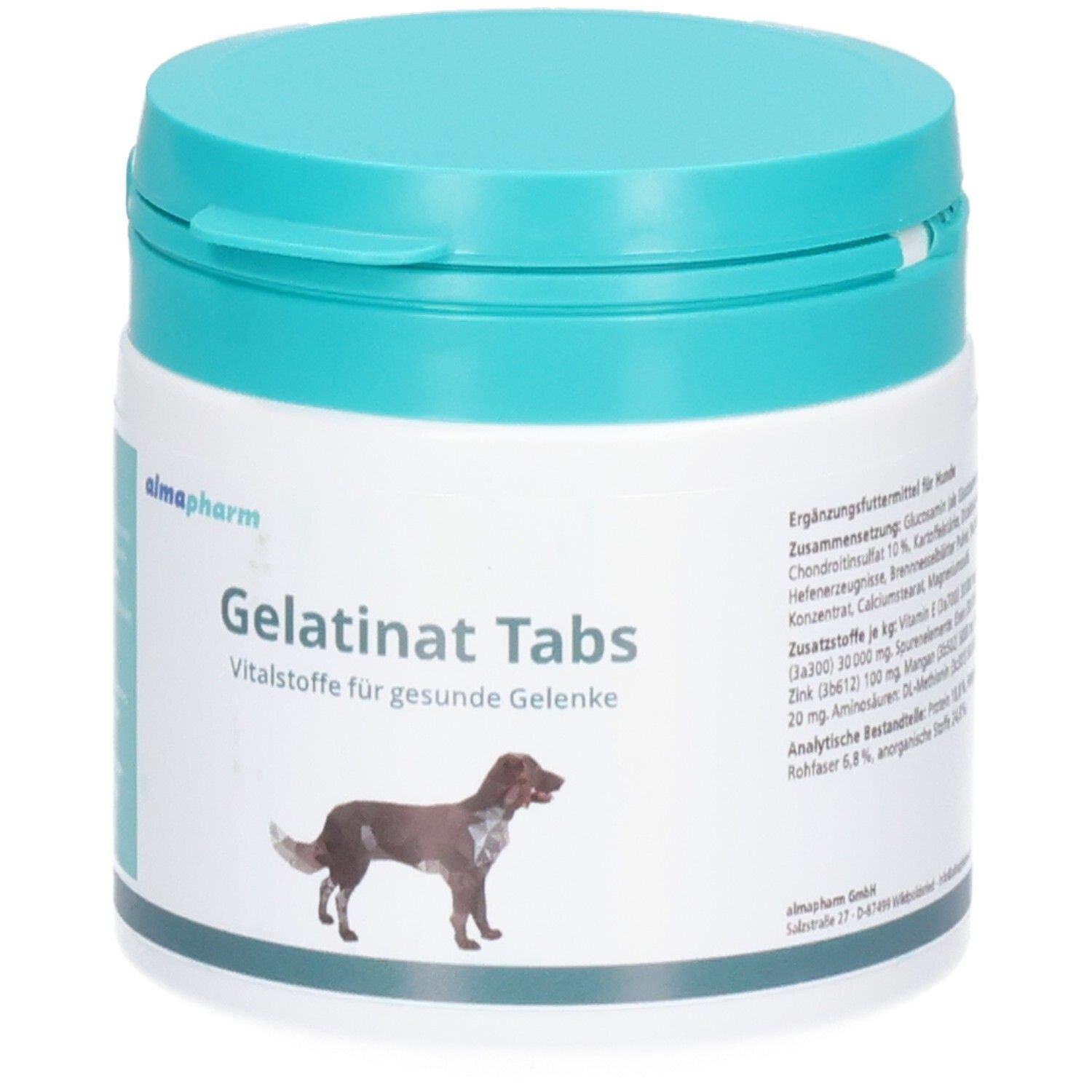 Almopharm Gelatinat Tabs: Ergänzungsmittel für gesunde Gelenke bei Hunden. Weiße Dose mit türkisfarbenem Deckel.