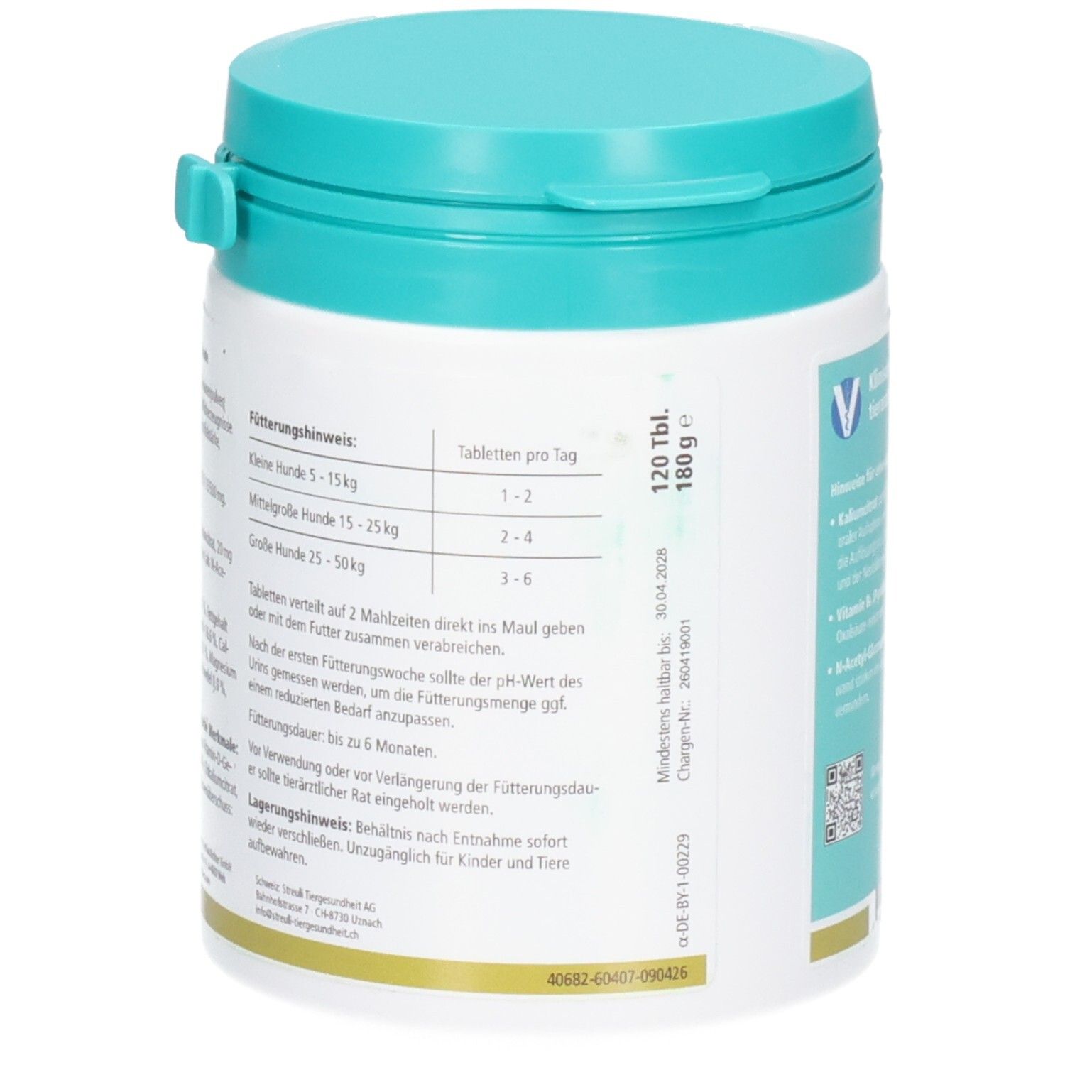 Weißer Behälter mit türkisfarbenem Deckel, 120 Tabletten, 180g.
