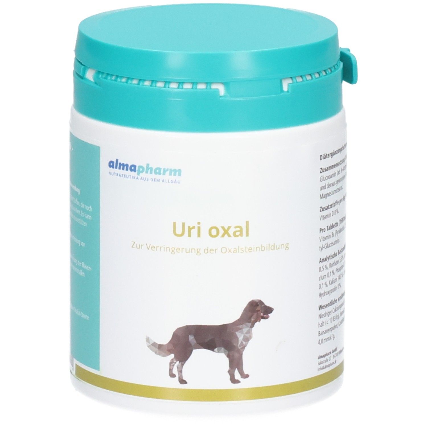 Almapharm Uri oxal Behälter mit Hundebild. Zur Verringerung der Oxalsteinbildung.