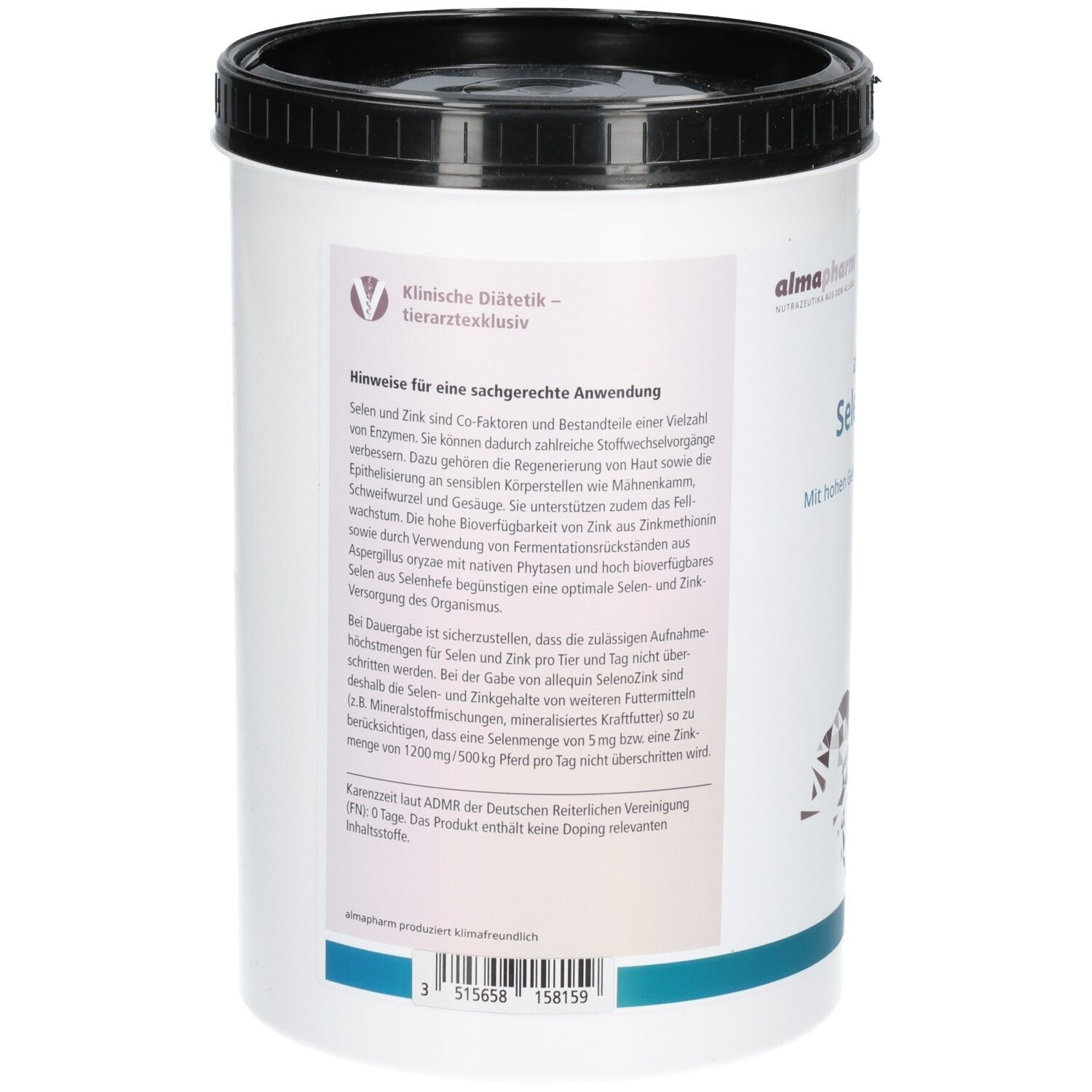 Rückseite Almapharm Allequin SelenoZink Dose. Informationen zu Selen und Zink.