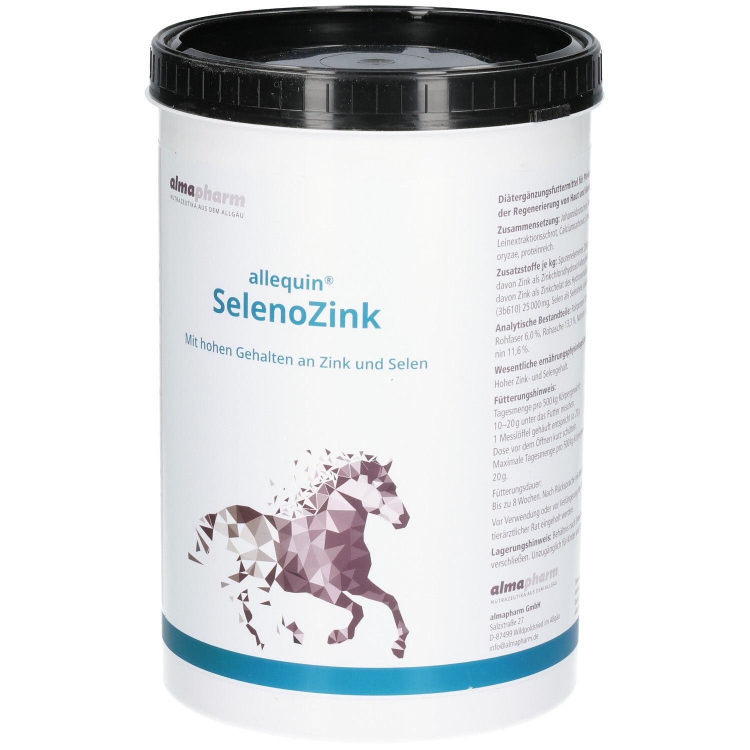 Almapharm Allequin SelenoZink Dose mit Pferdegrafik. Mit hohem Zink- und Selengehalt.