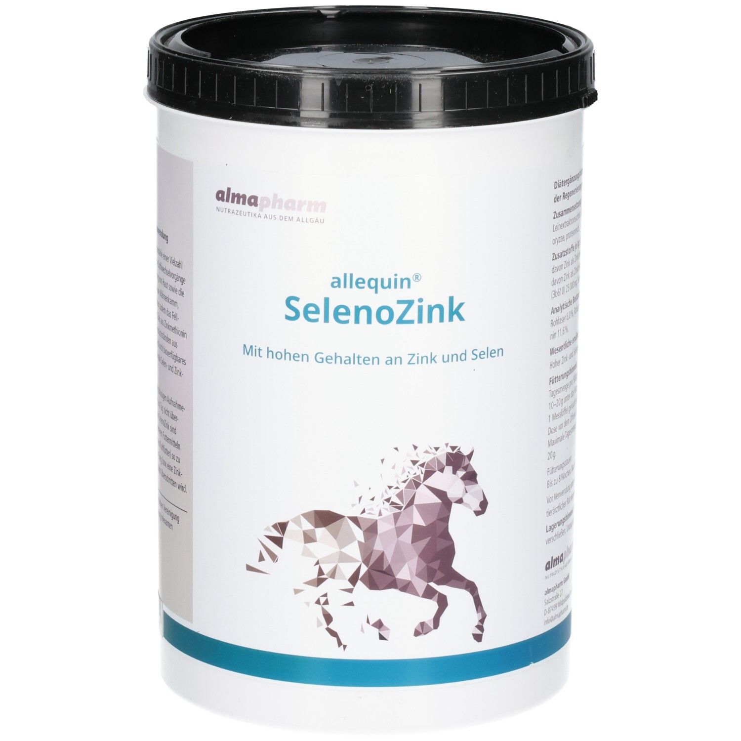 Almapharm SelenoZink Pulverbehälter mit Pferdegrafik.