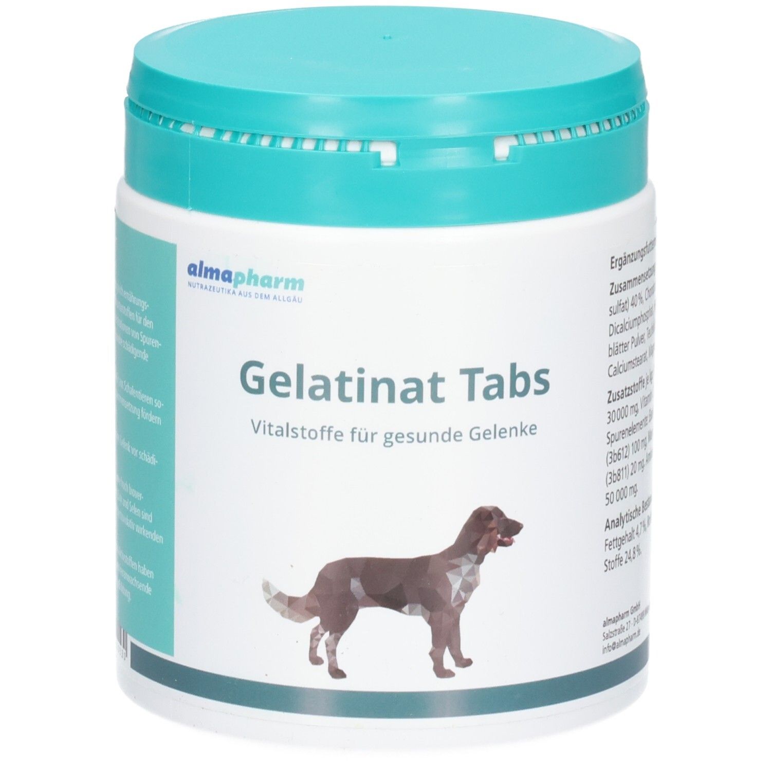 Almapharm Gelatinat Tabs Vitalstoffe für gesunde Gelenke, Dose mit Hundebild.