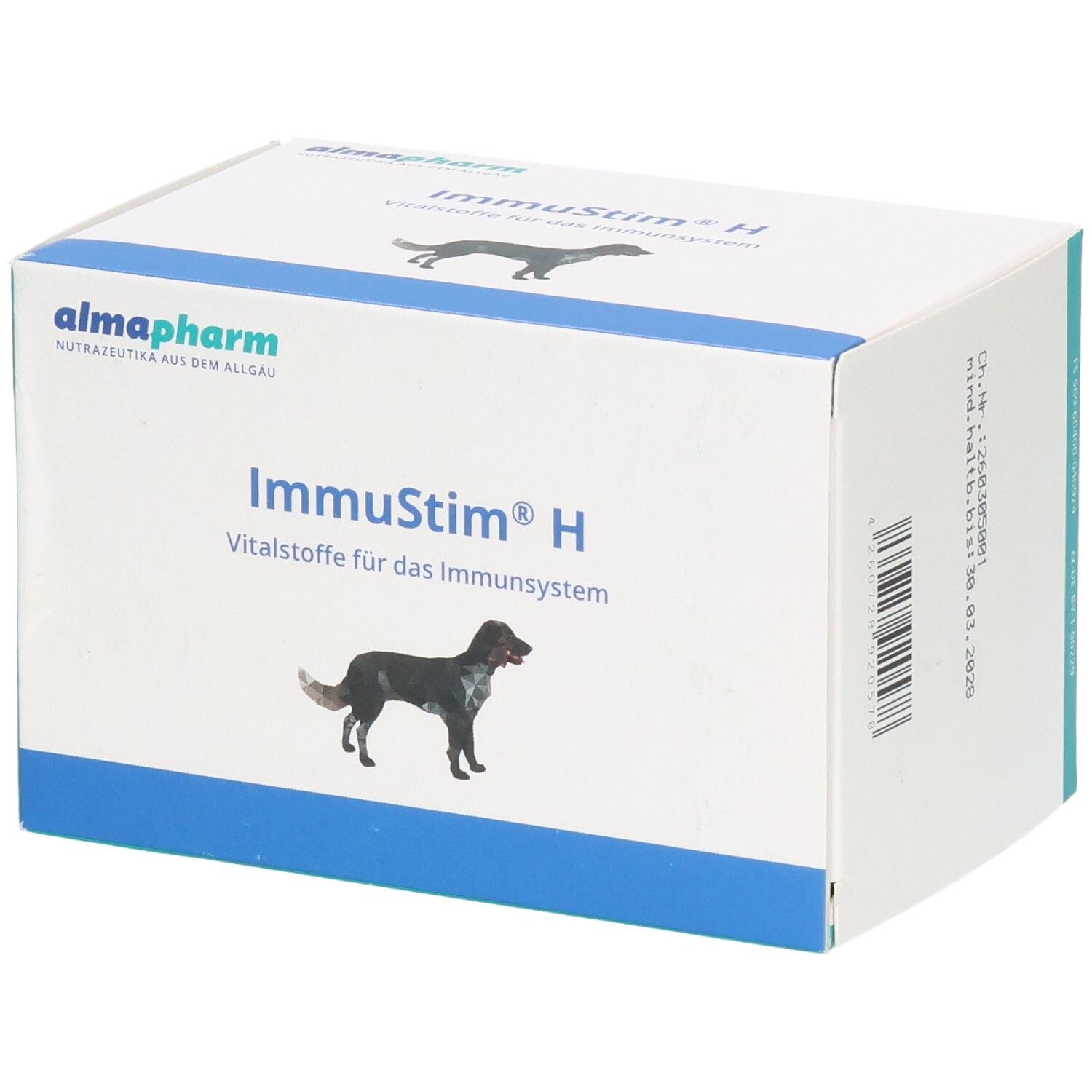 Packung ImmStim H Vitalstoffe für das Immunsystem von Almopharm, mit Hundebild.