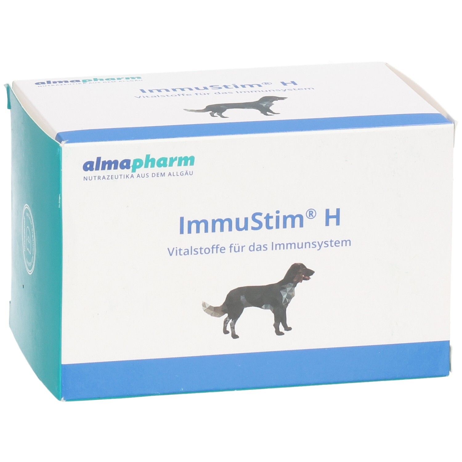 Almapharm ImmuStim H, Vitalstoffe für das Immunsystem. Karton mit Abbildung eines Hundes.