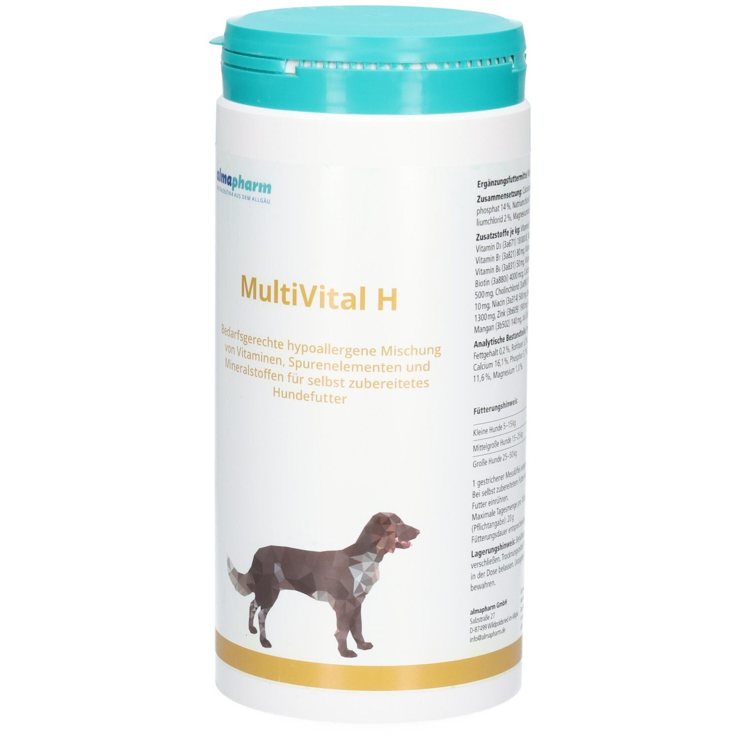 Almapharm MultiVital H: Behälter mit Informationen zur hypoallergenen Mischung für Hunde.