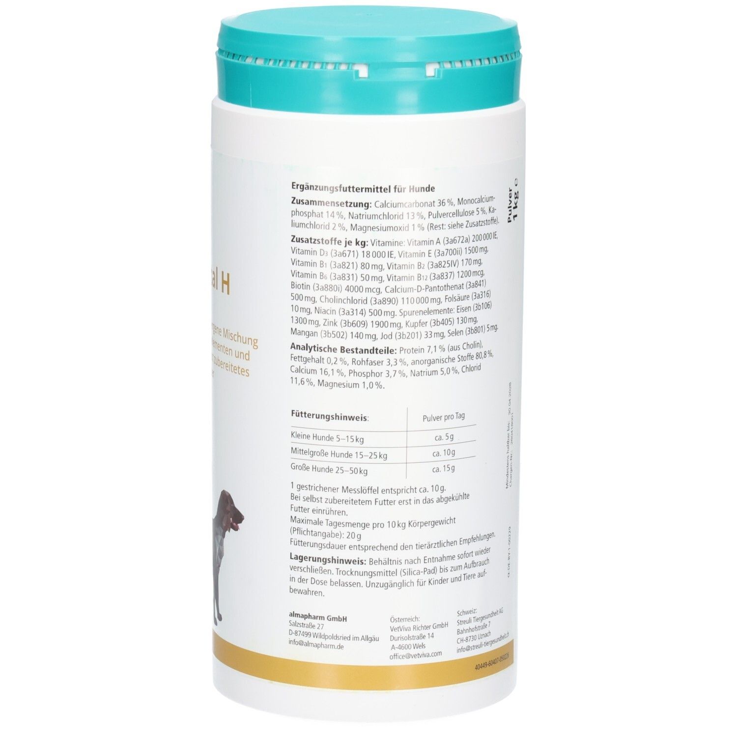 Almapharm MultiVital H: Behälter mit detaillierter Auflistung der Inhaltsstoffe und analytischen Bestandteile.