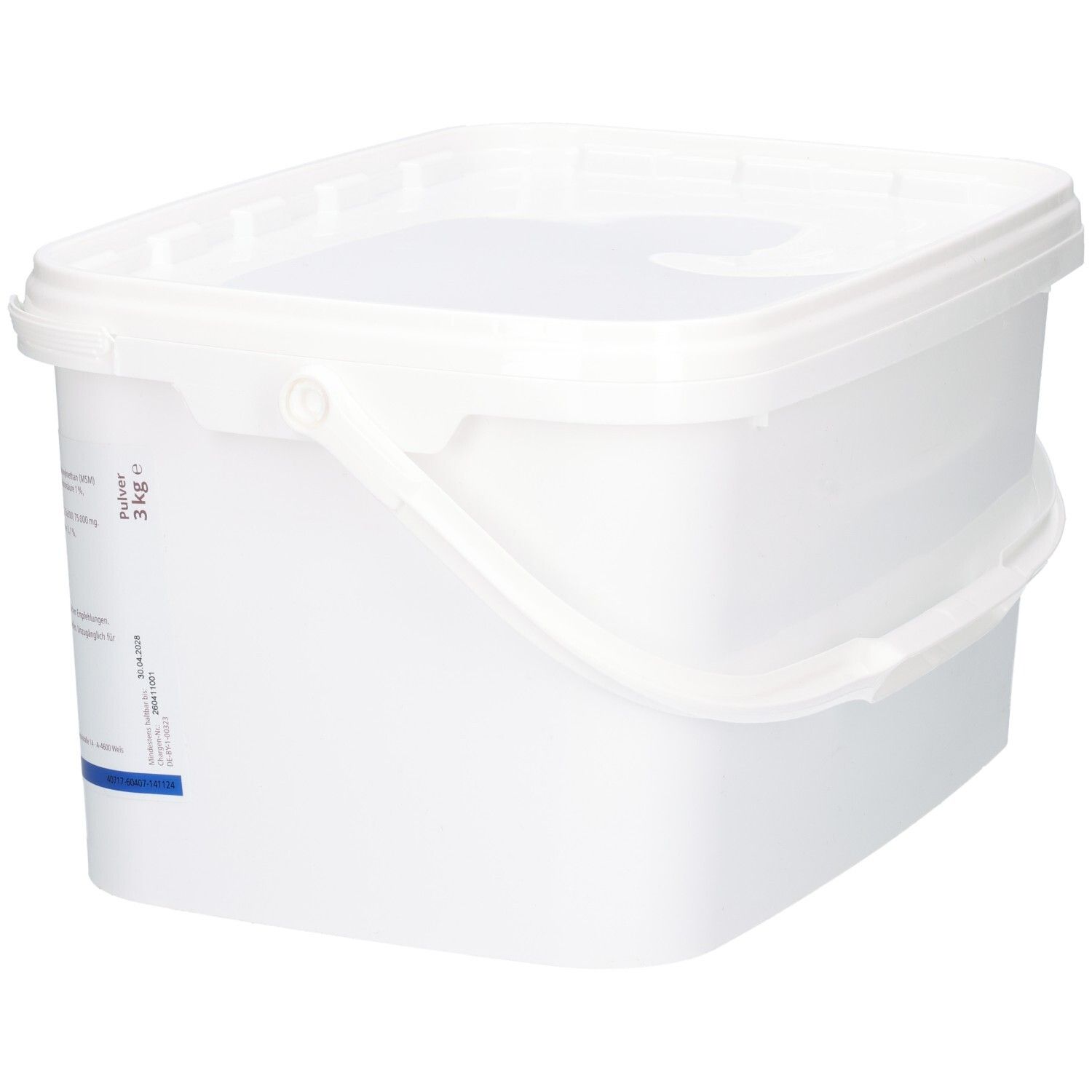 Weiße Kunststoffbox mit Henkel und Deckel, 3 kg.