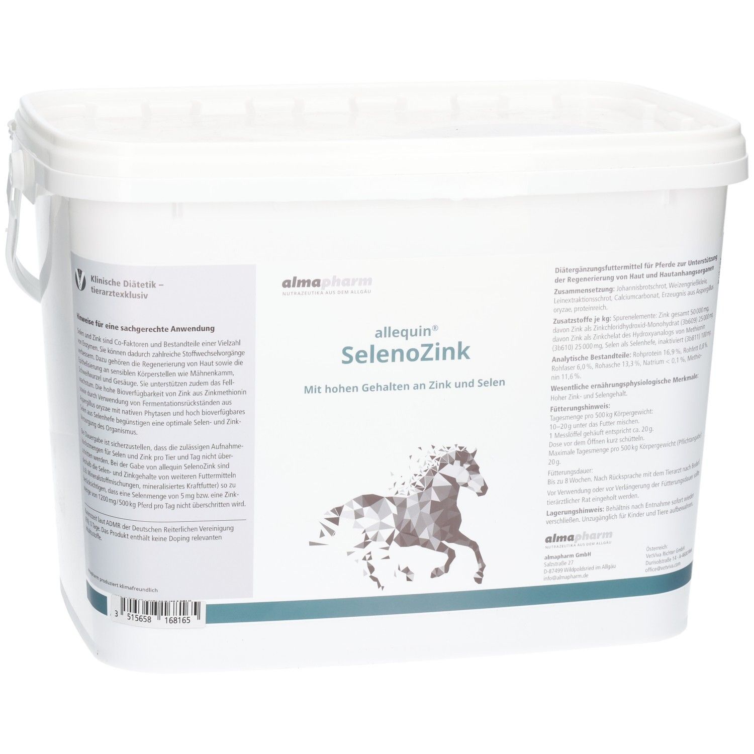 Weißer Eimer mit Selenozink-Pulver für Pferde, mit Zink und Selen.