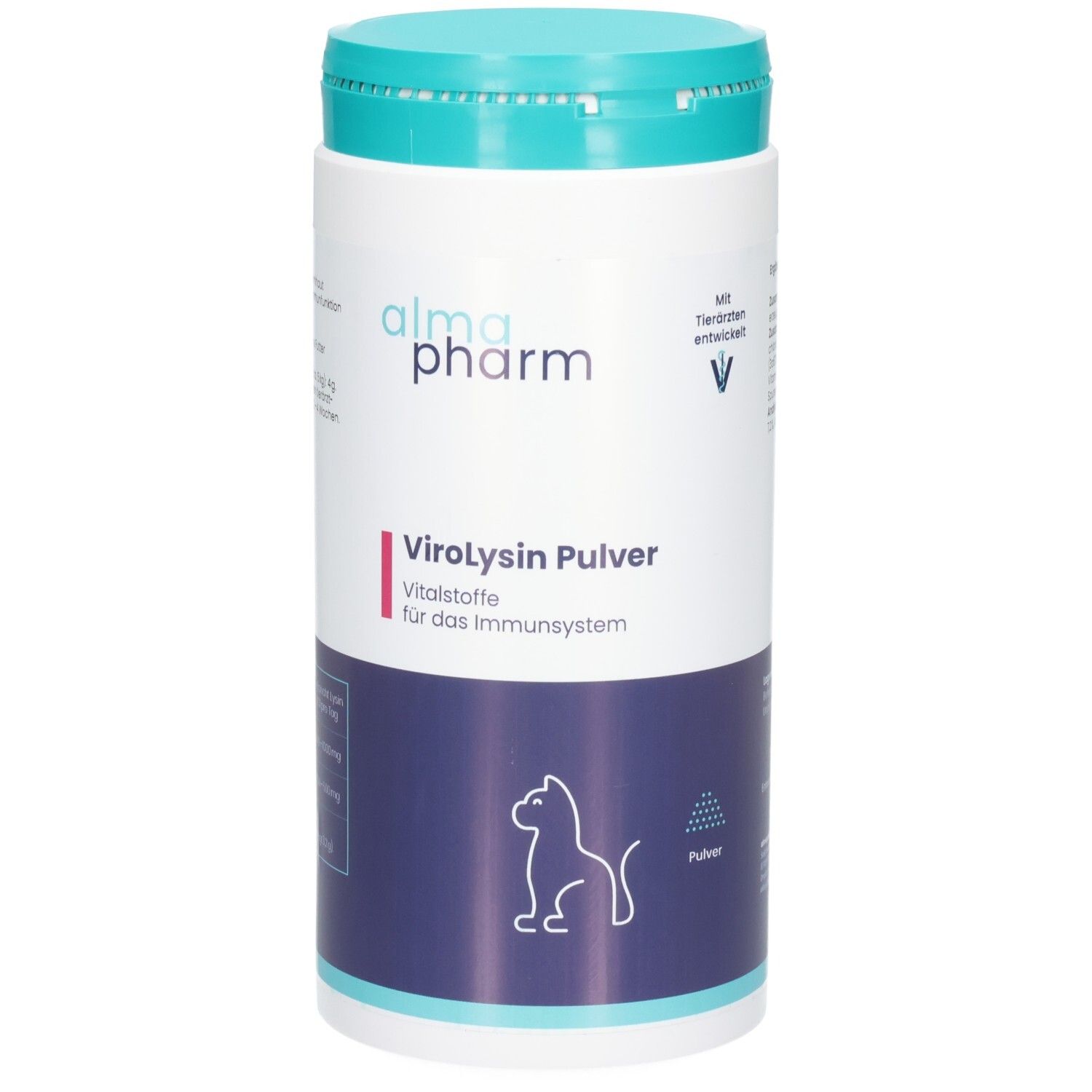 Dose ViroLysin Pulver Vitalstoffe für das Immunsystem von Almopharm, mit Katzensymbol.