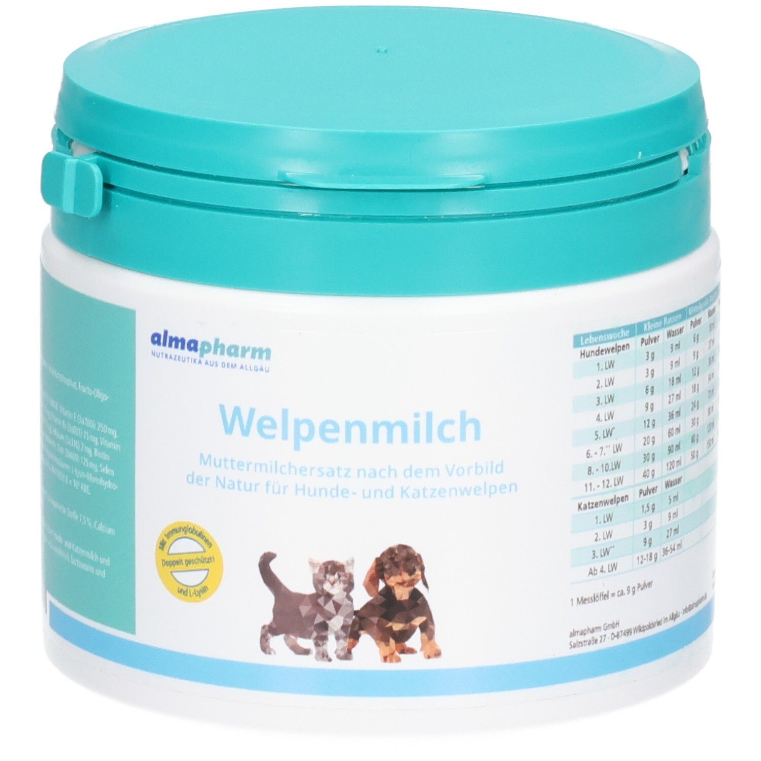 Almapharm Welpenmilch, Muttermilchersatz für Hunde- und Katzenwelpen. Dose mit Abbildungen von Kätzchen und Welpen.