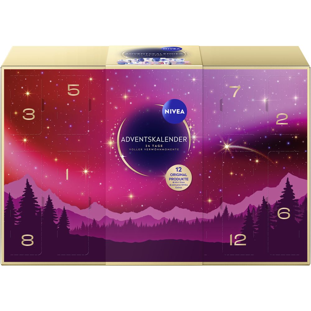 NIVEA Adventskalender mit 24 Türchen und winterlicher Berglandschaft. Enthält 12 Originalprodukte.