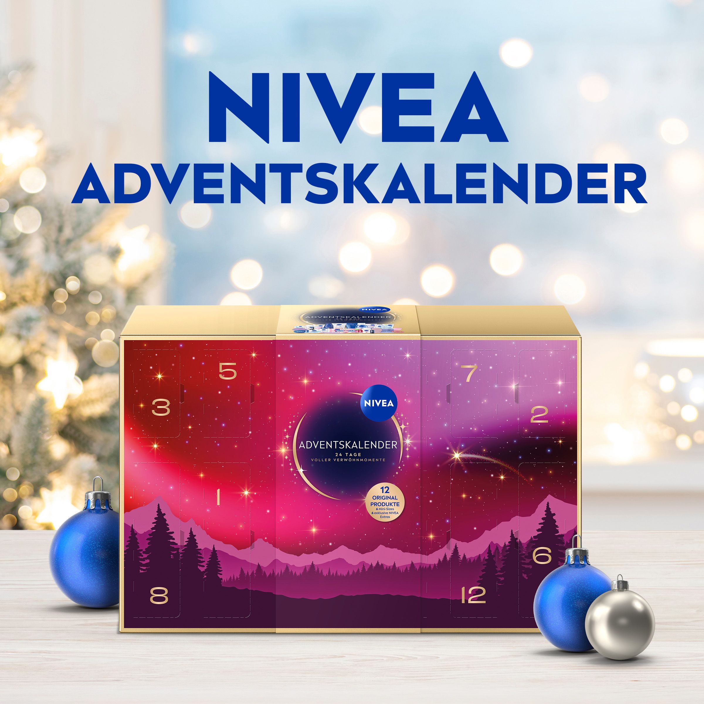 NIVEA Adventskalender mit winterlicher Dekoration und Lichtern. Enthält 24 Tage voller NIVEA Momente, 12 Originalprodukte, 6 Minis und 6 Zugaben.