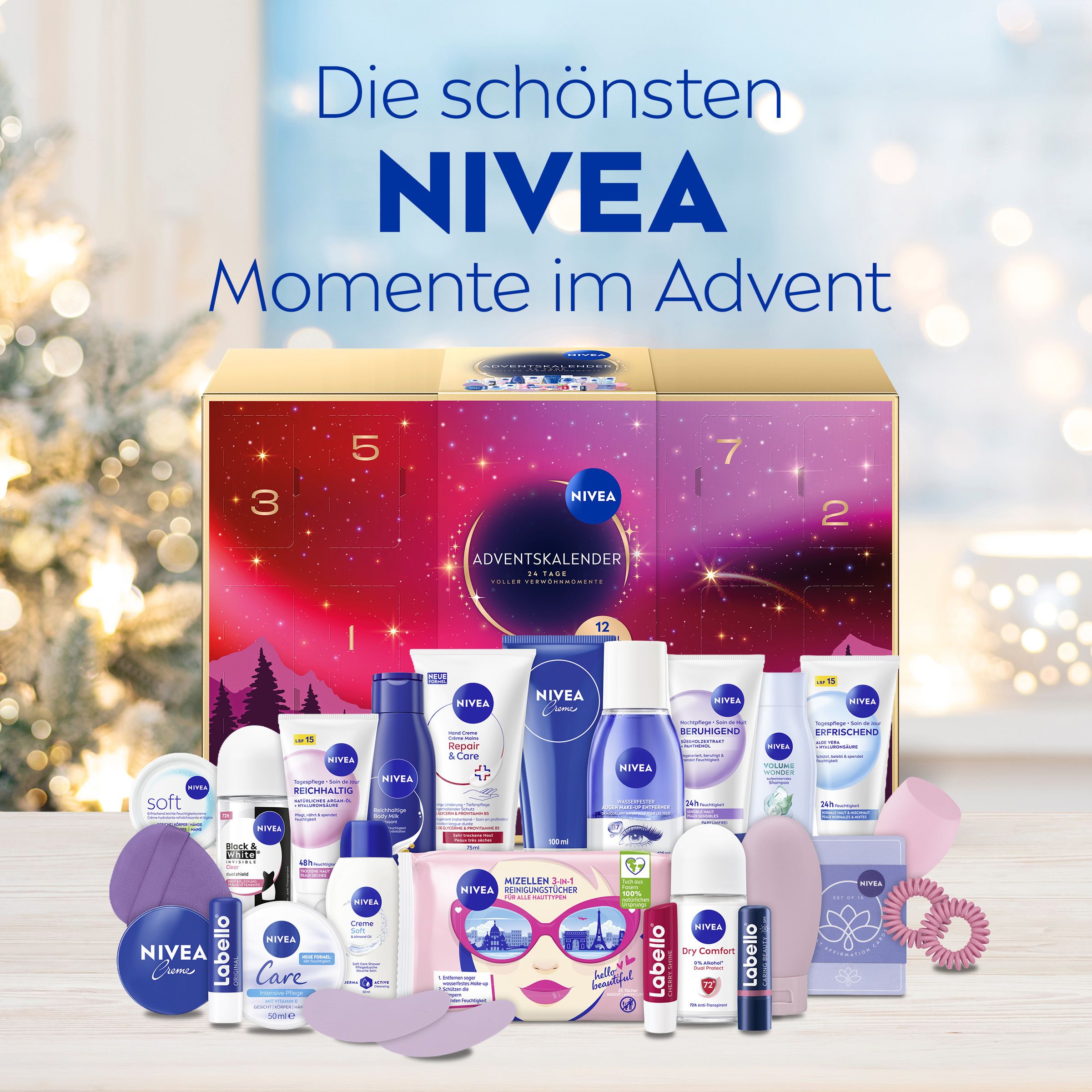 NIVEA Adventskalender mit winterlicher Dekoration und Lichtern. 'Die schönsten NIVEA Momente im Advent'.