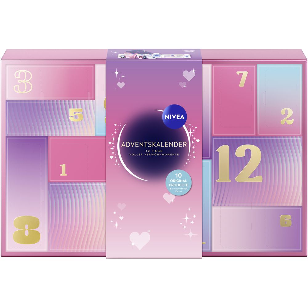 NIVEA Adventskalender mit 10 Produkten, rosa und lila.